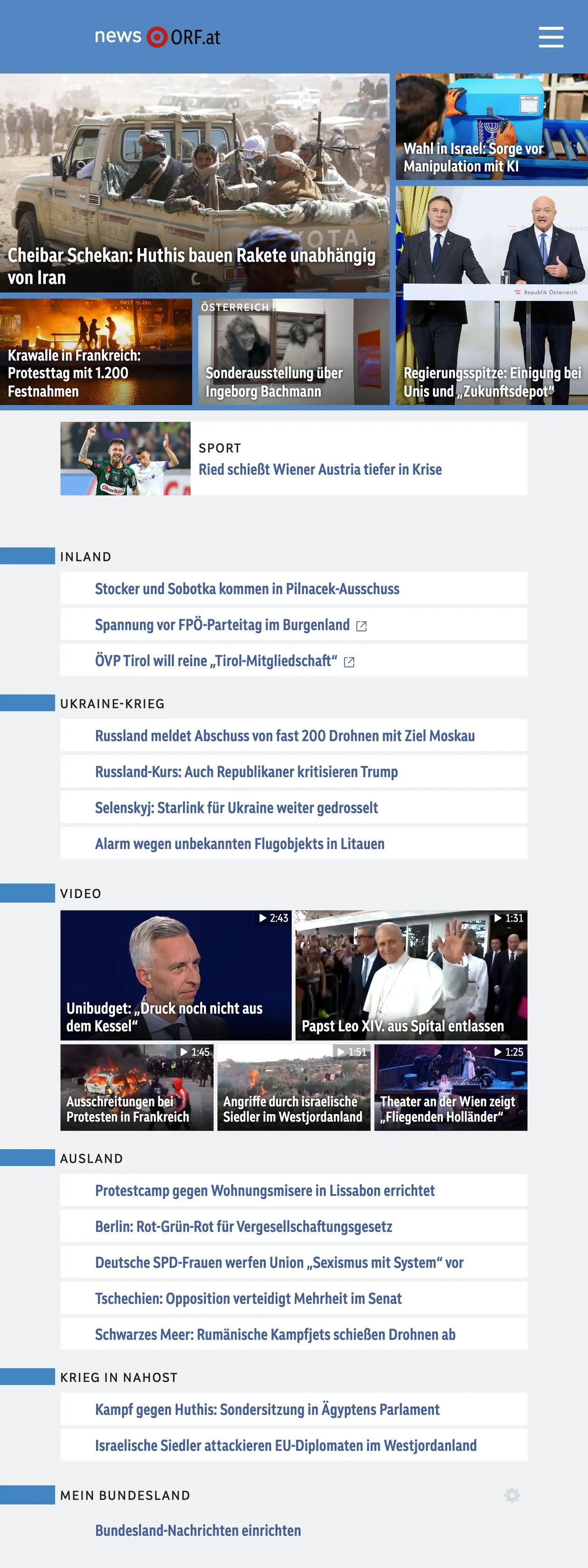 Screenshot of the ORF front page