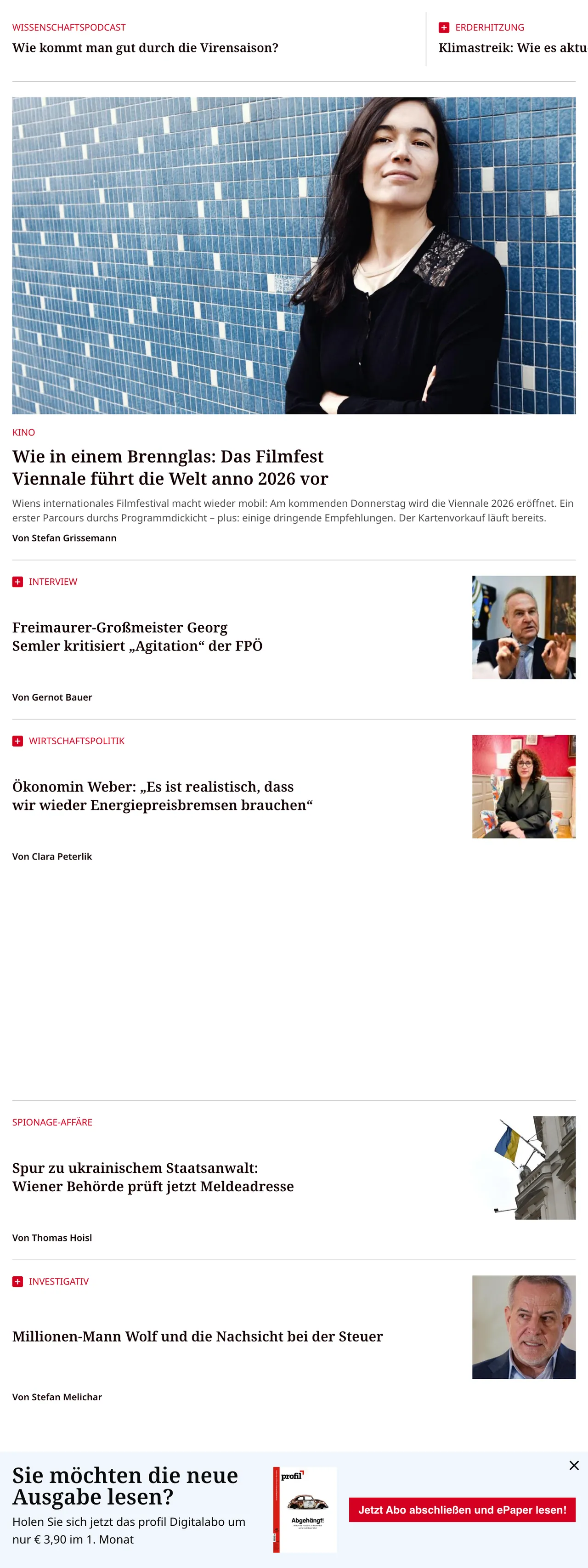 Screenshot of the profil front page