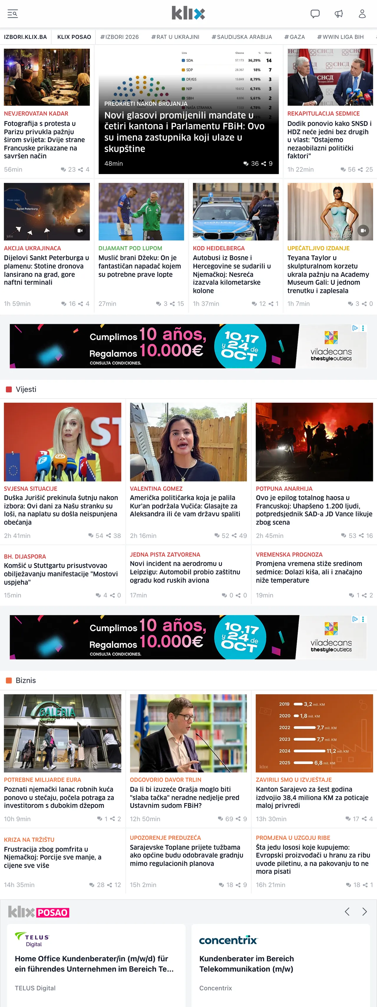 Screenshot of the Klix.ba front page
