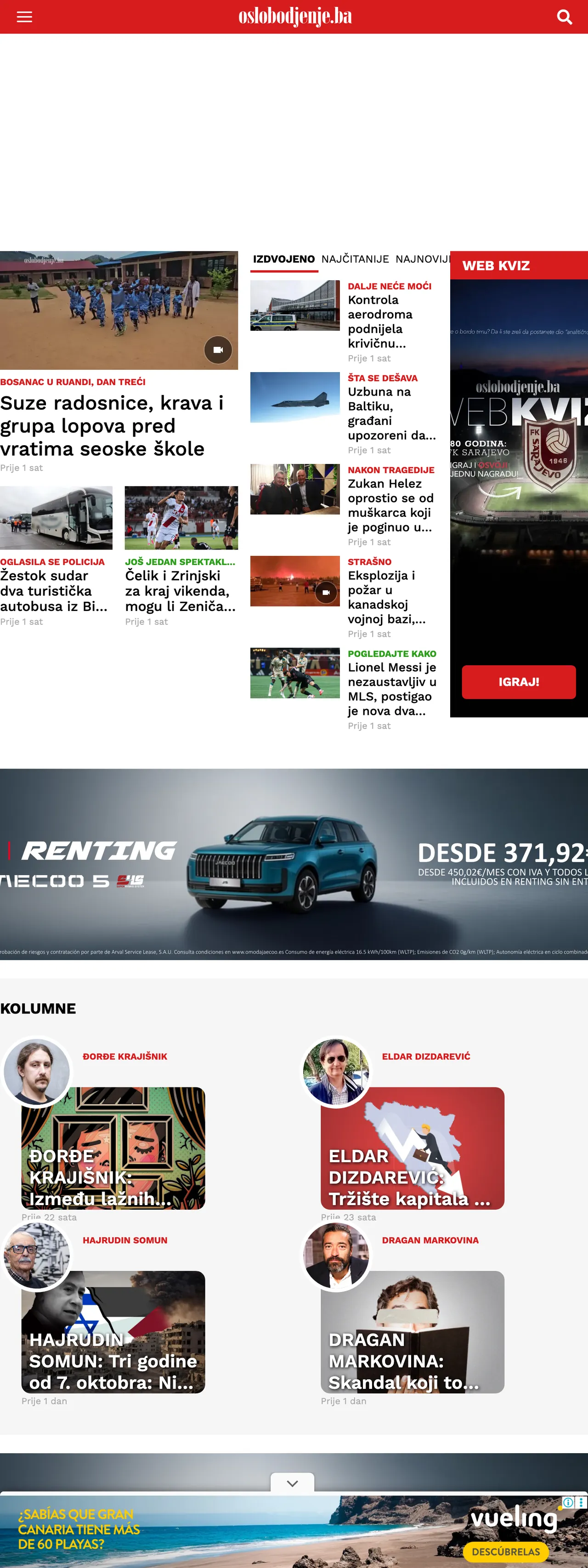 Screenshot of the Oslobođenje front page