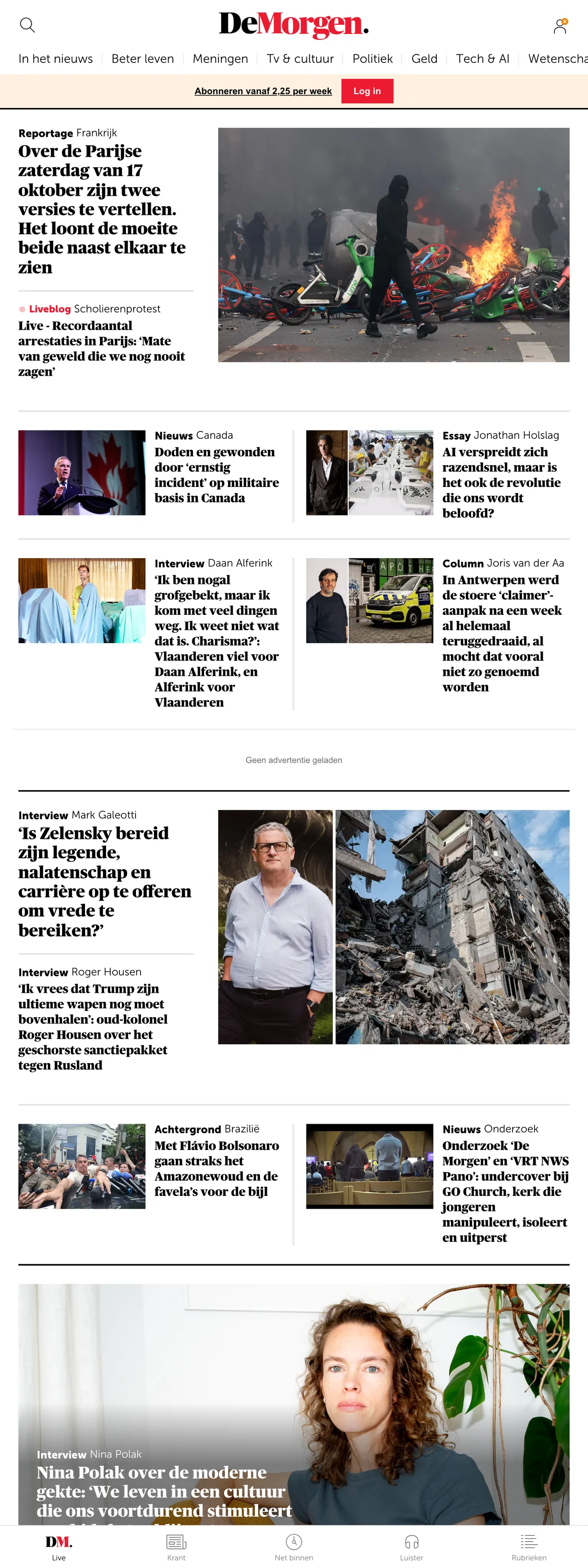 Screenshot of the De Morgen front page