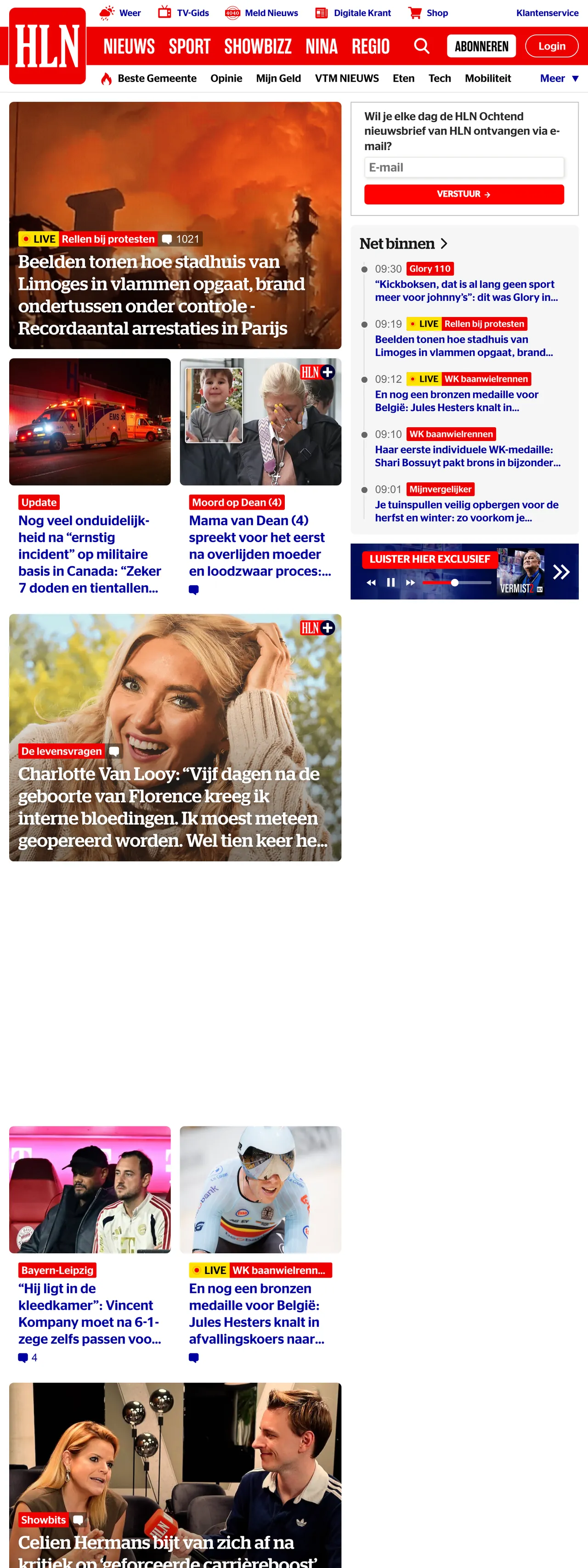 Screenshot of the HLN front page