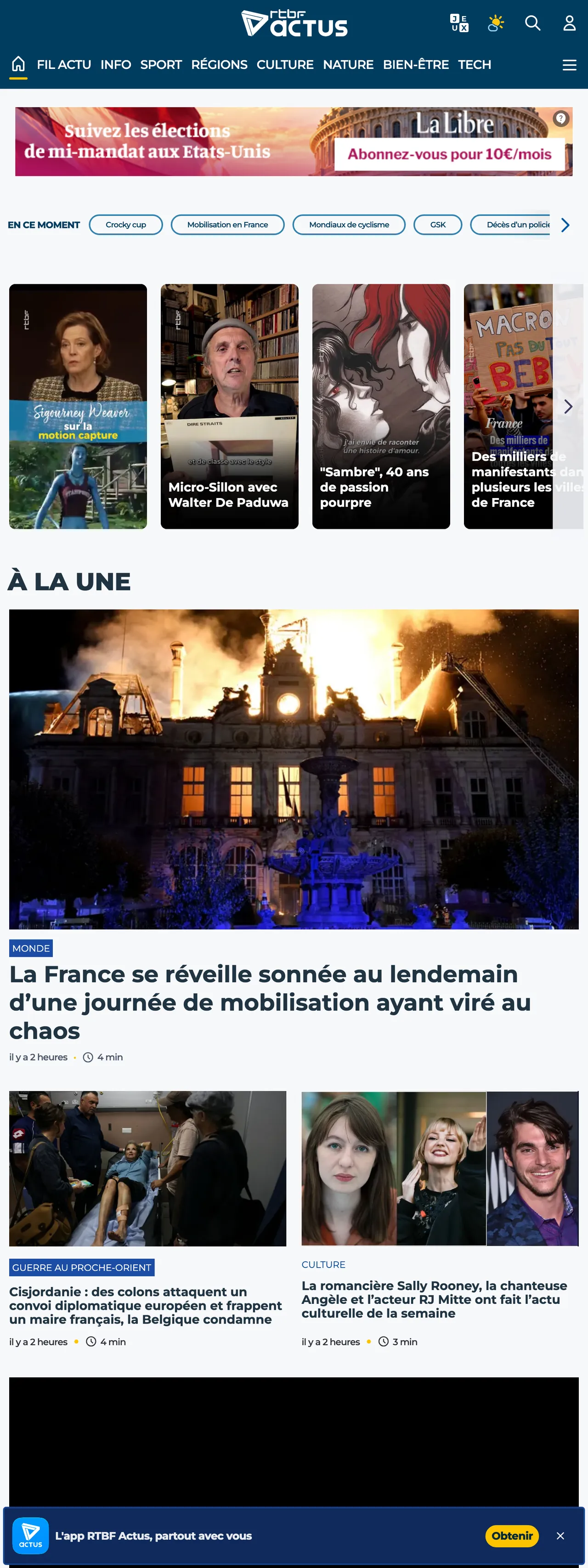Screenshot of the RTBF front page