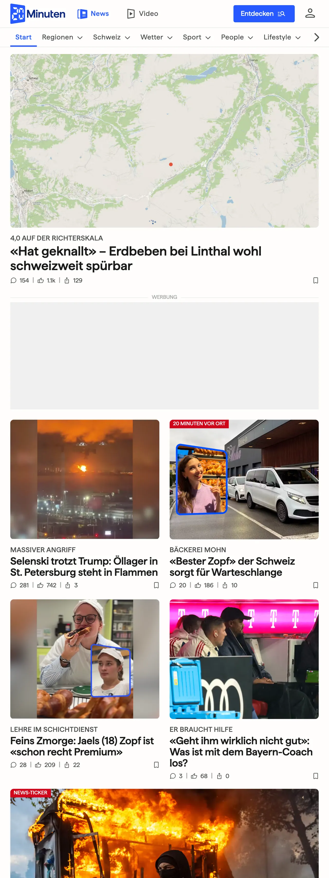 Screenshot of the 20 Minuten front page