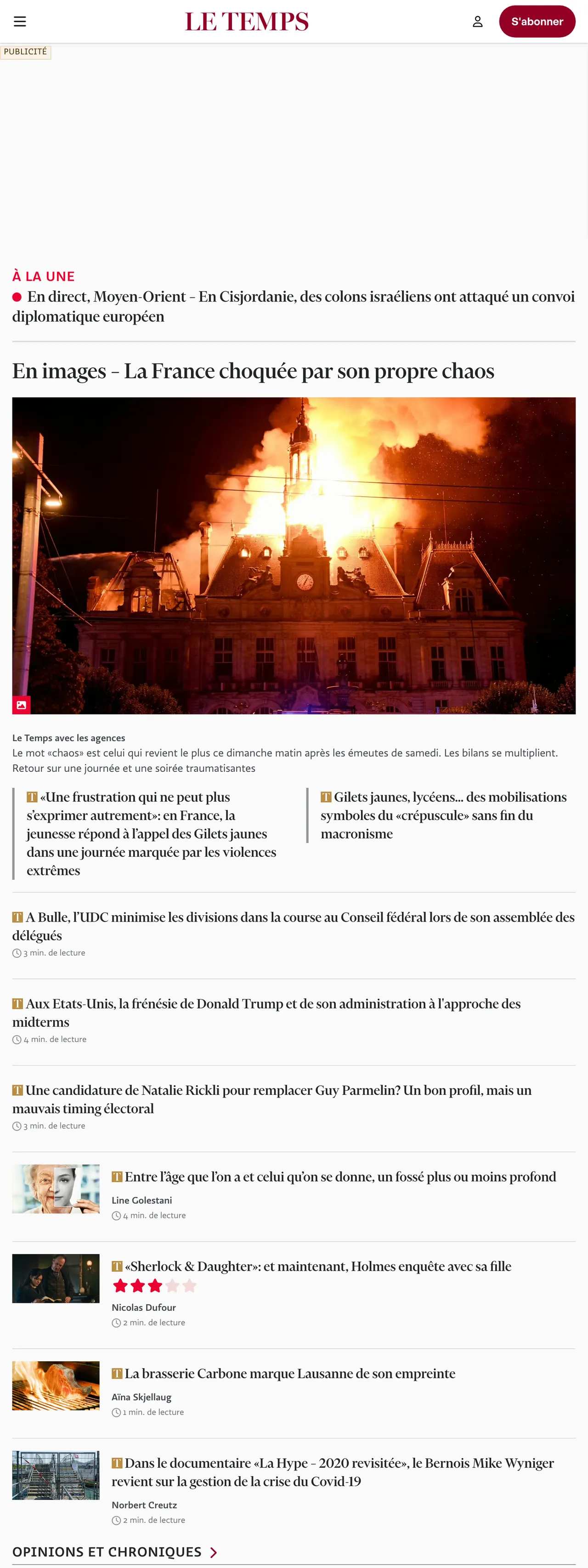 Screenshot of the Le Temps front page