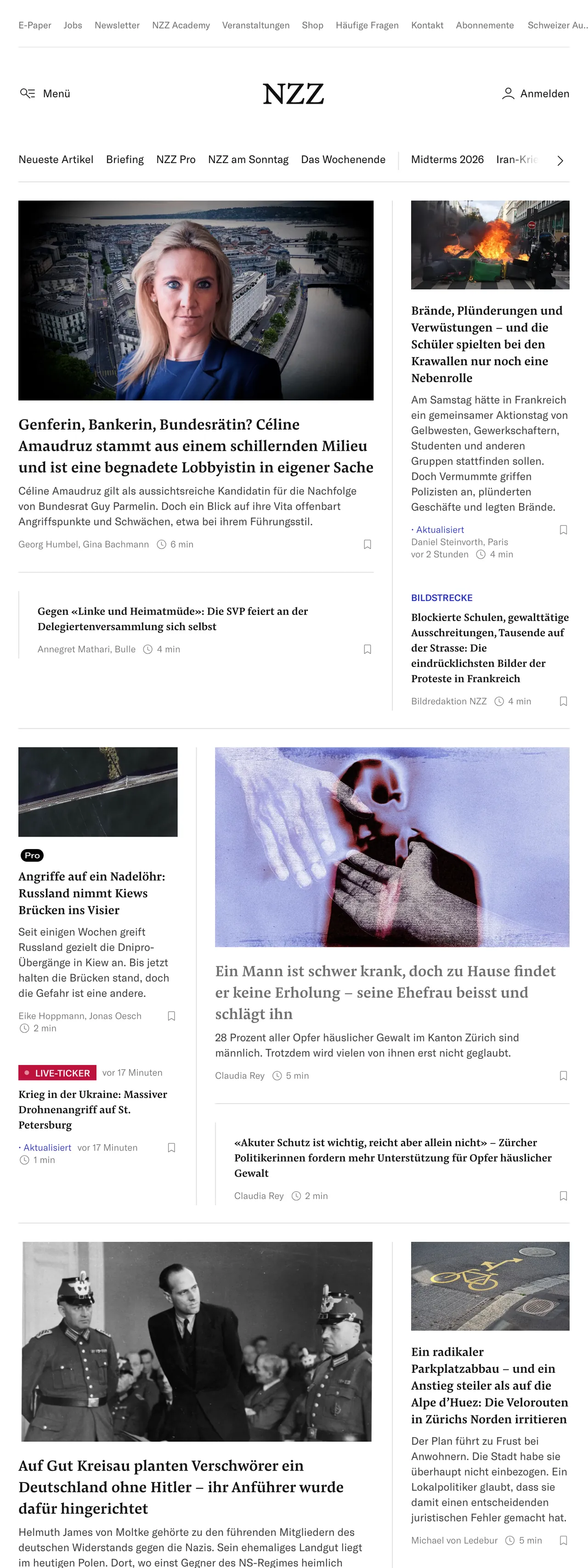 Screenshot of the Neue Zürcher Zeitung front page