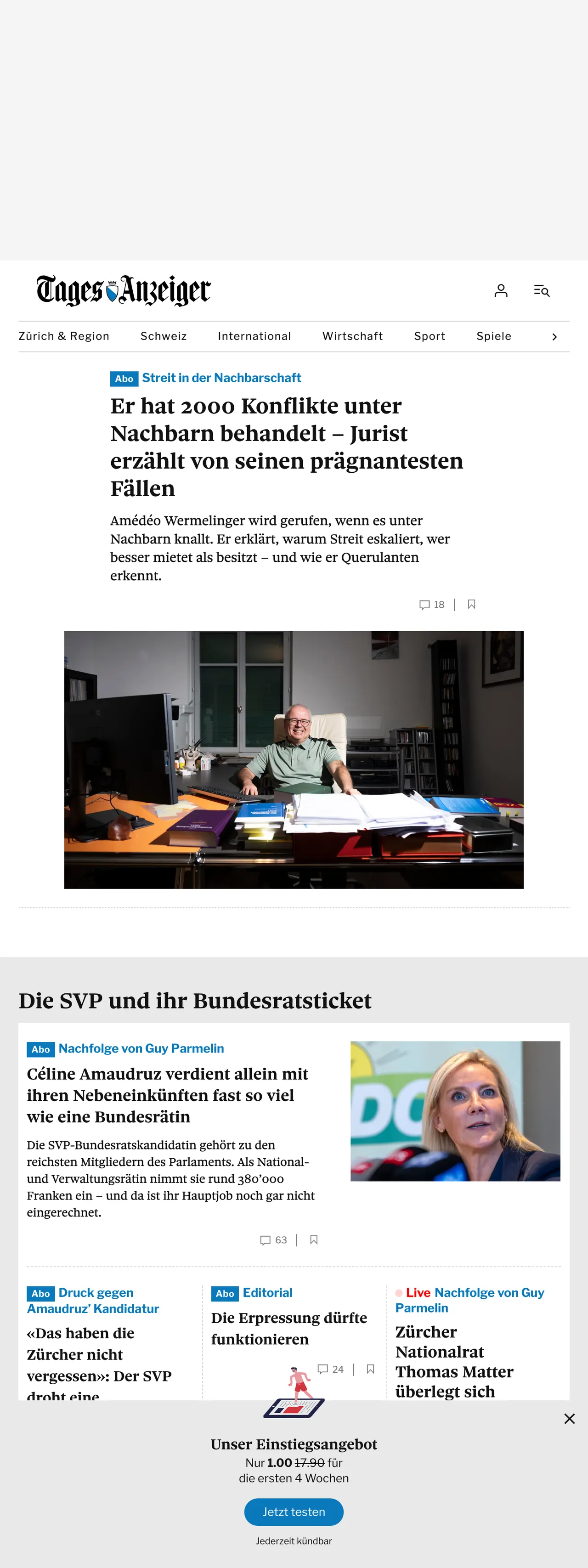 Screenshot of the Tages-Anzeiger front page
