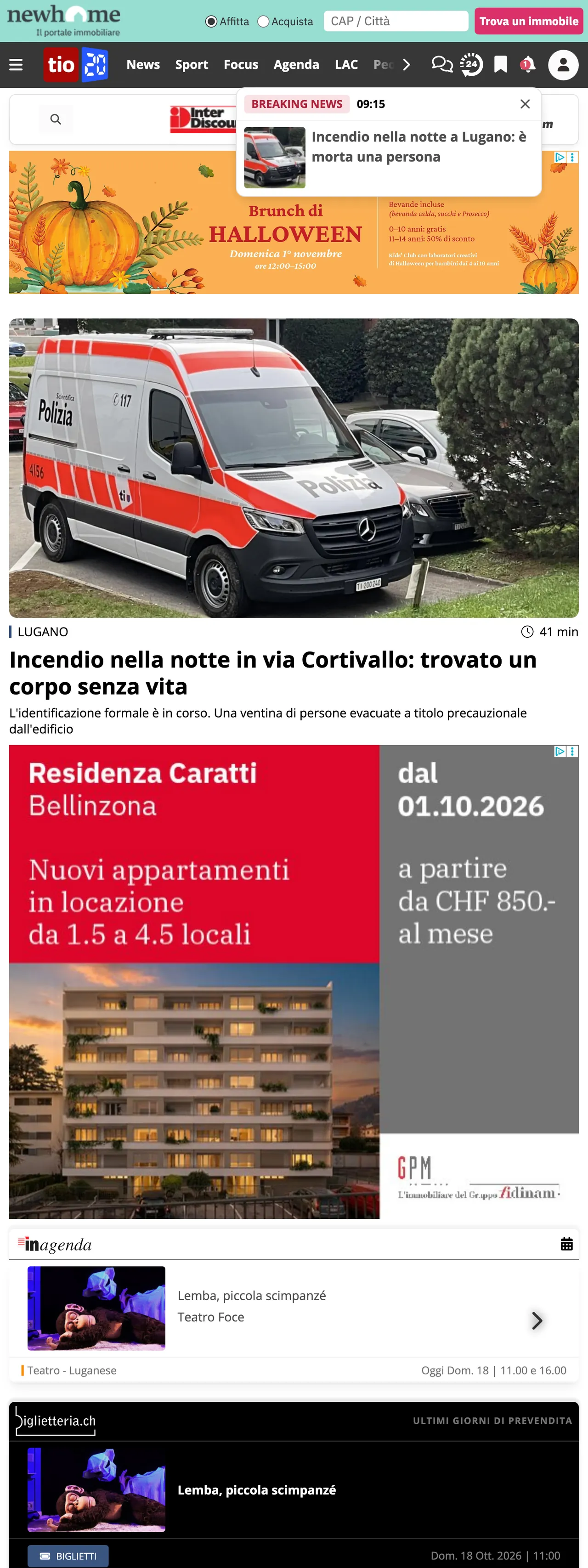 Screenshot of the Ticinonline front page