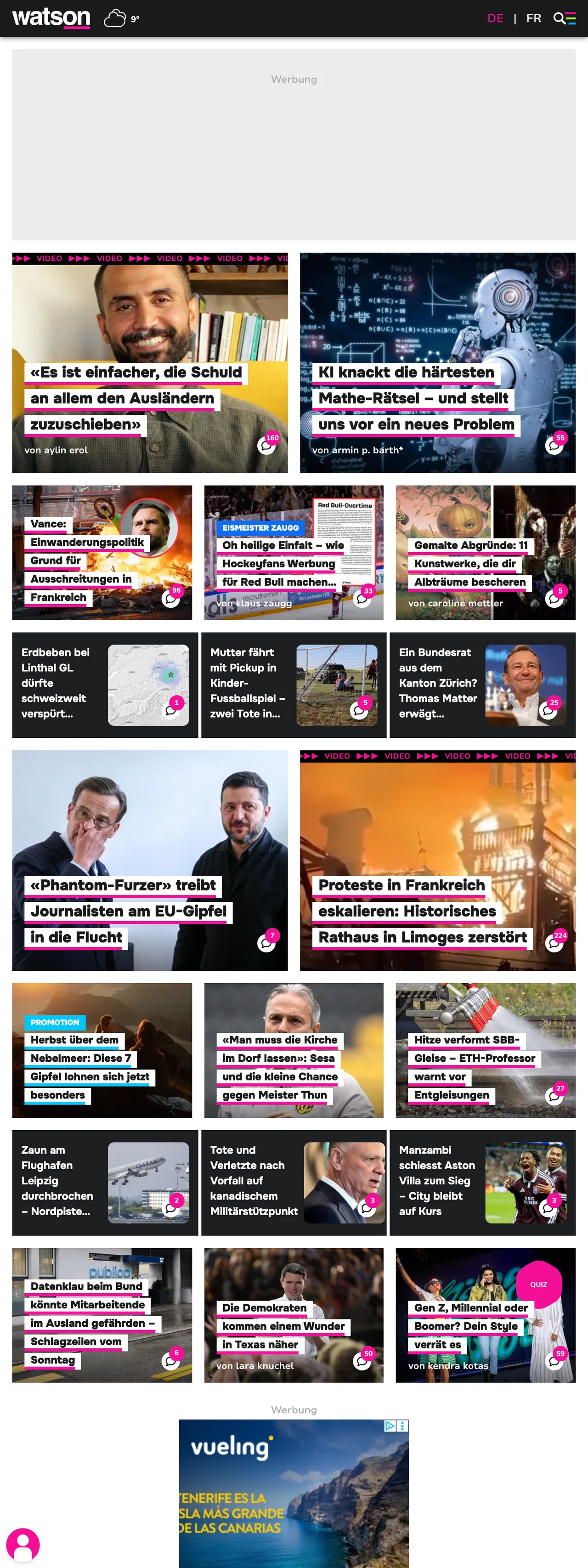 Screenshot of the watson front page
