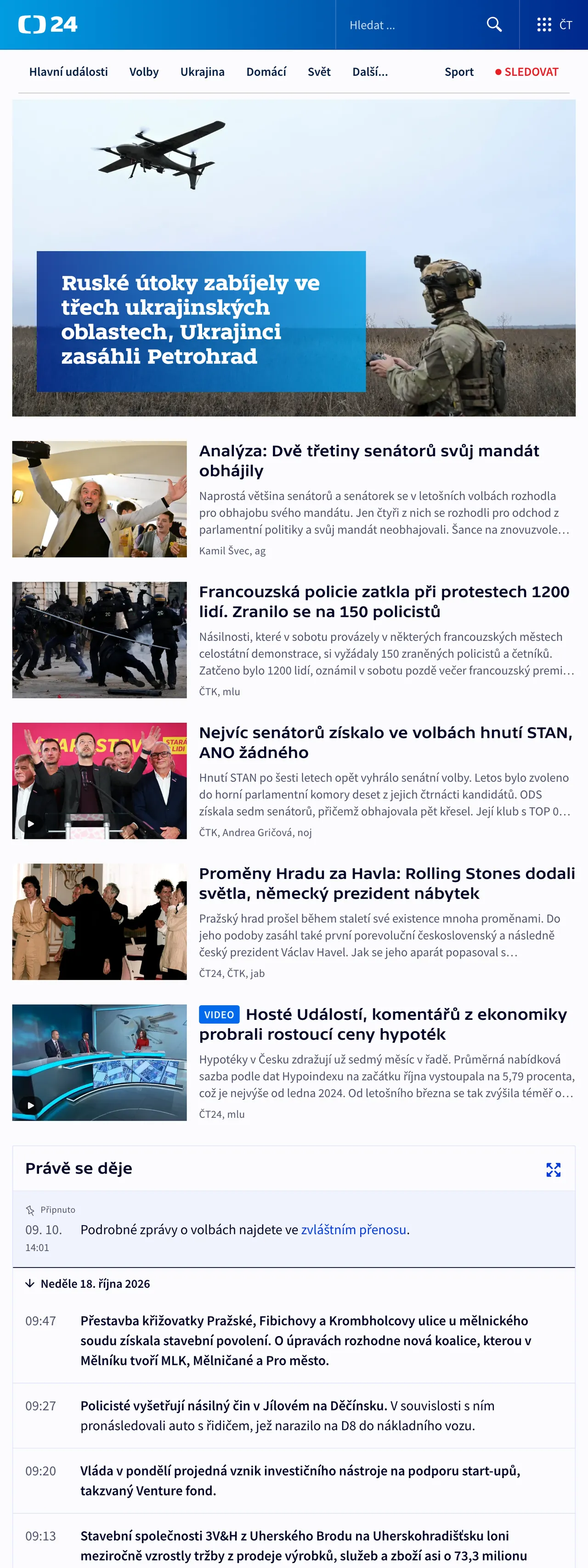 Screenshot of the ČT24 front page