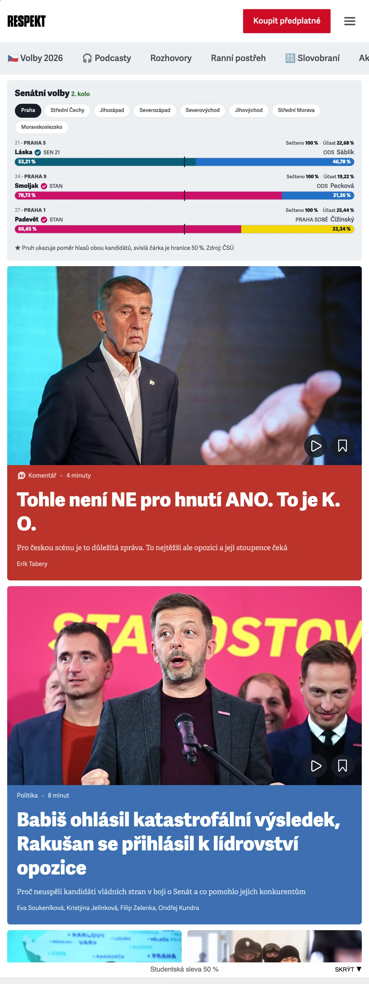 Screenshot of the Respekt front page