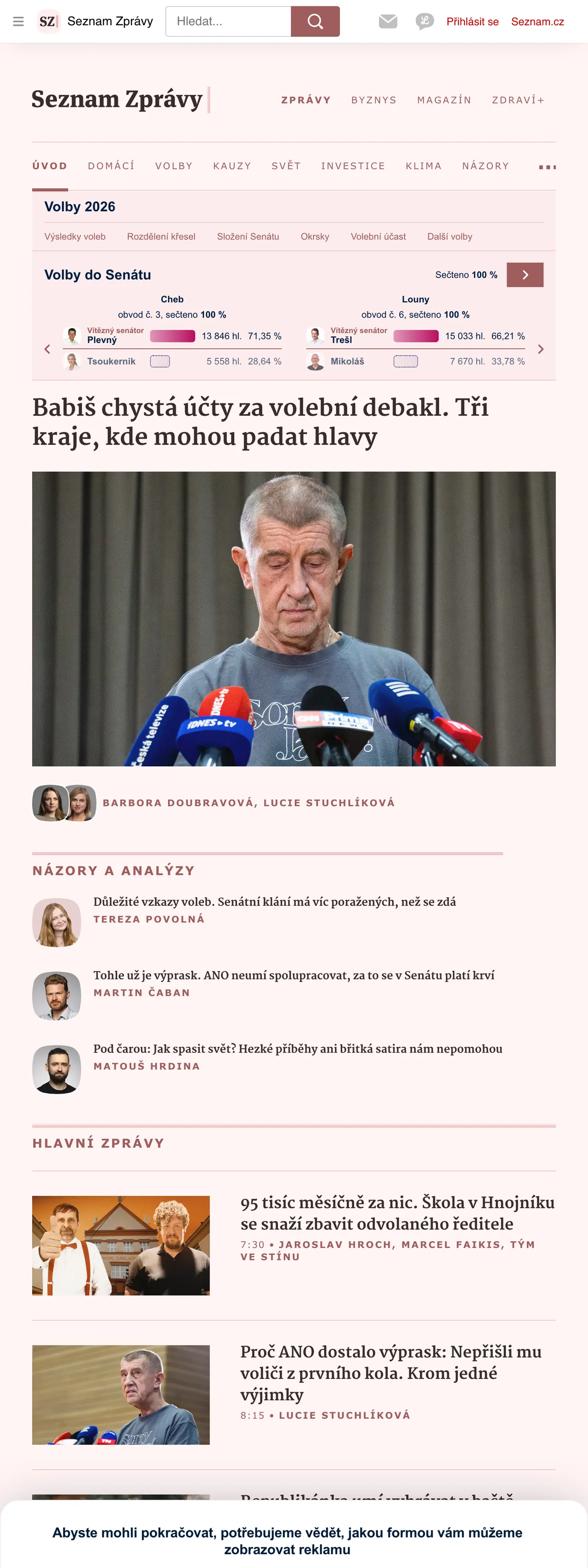 Screenshot of the Seznam Zprávy front page