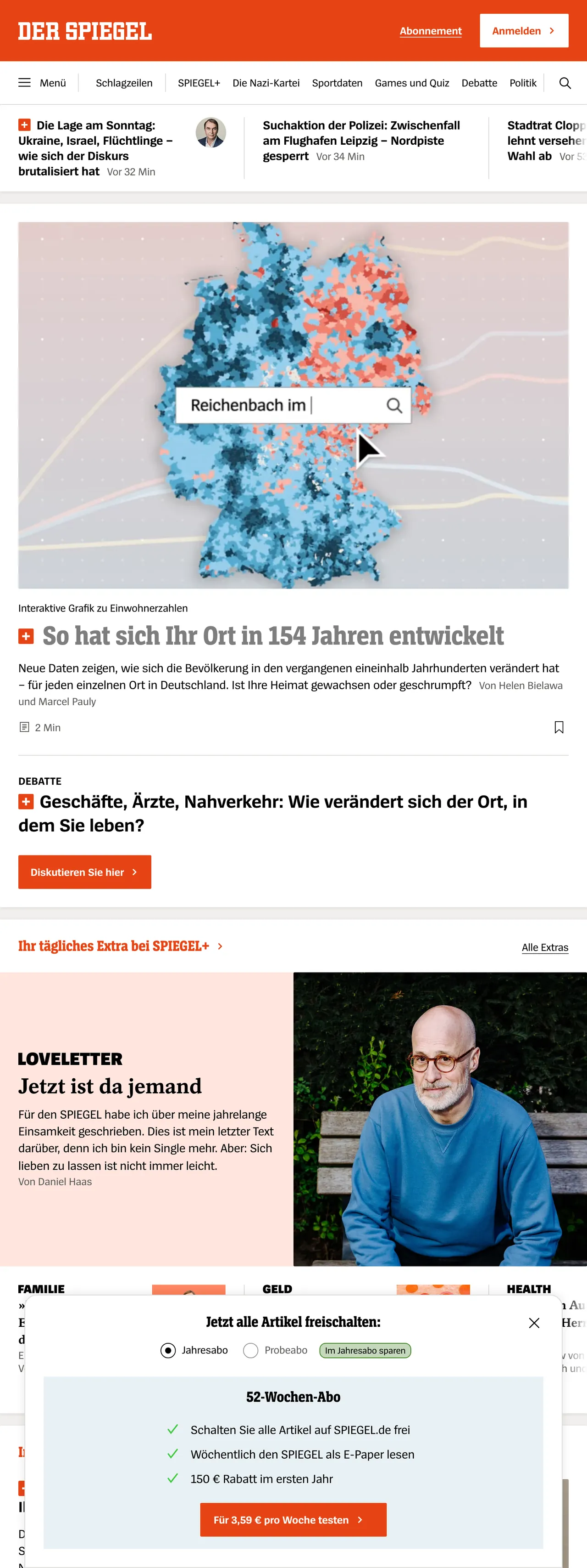 Screenshot of the DER SPIEGEL front page