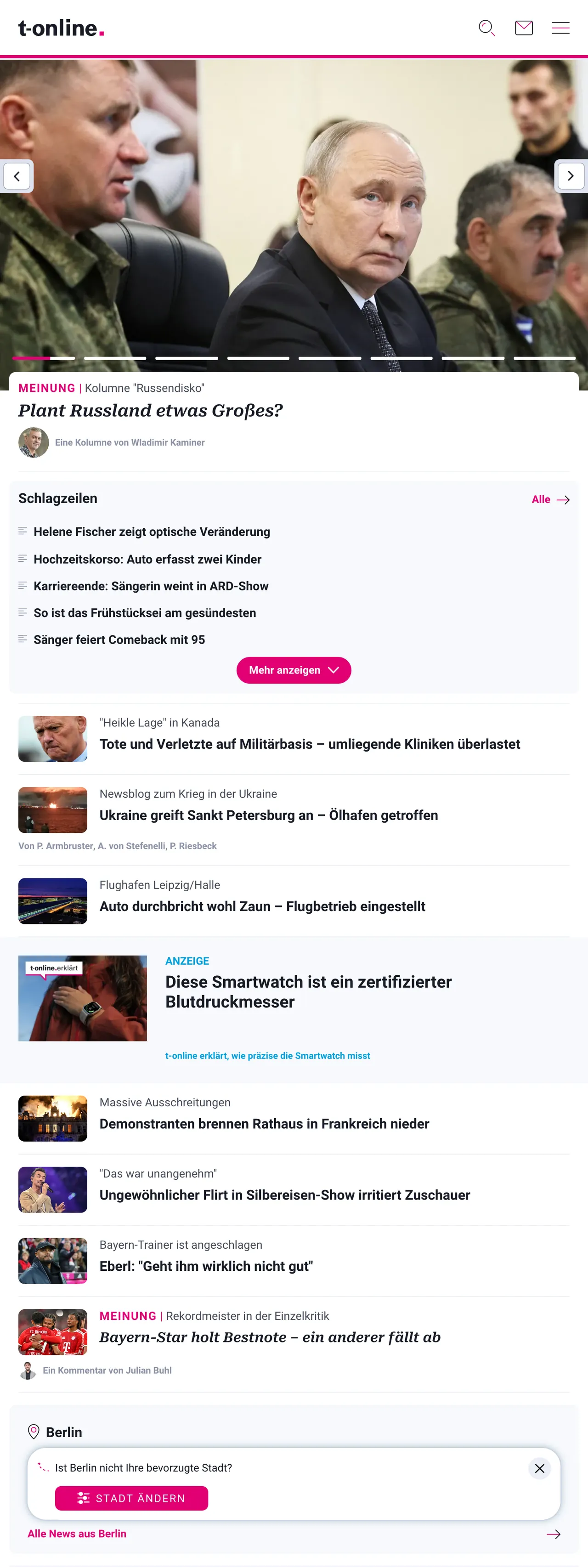 Screenshot of the t-online front page