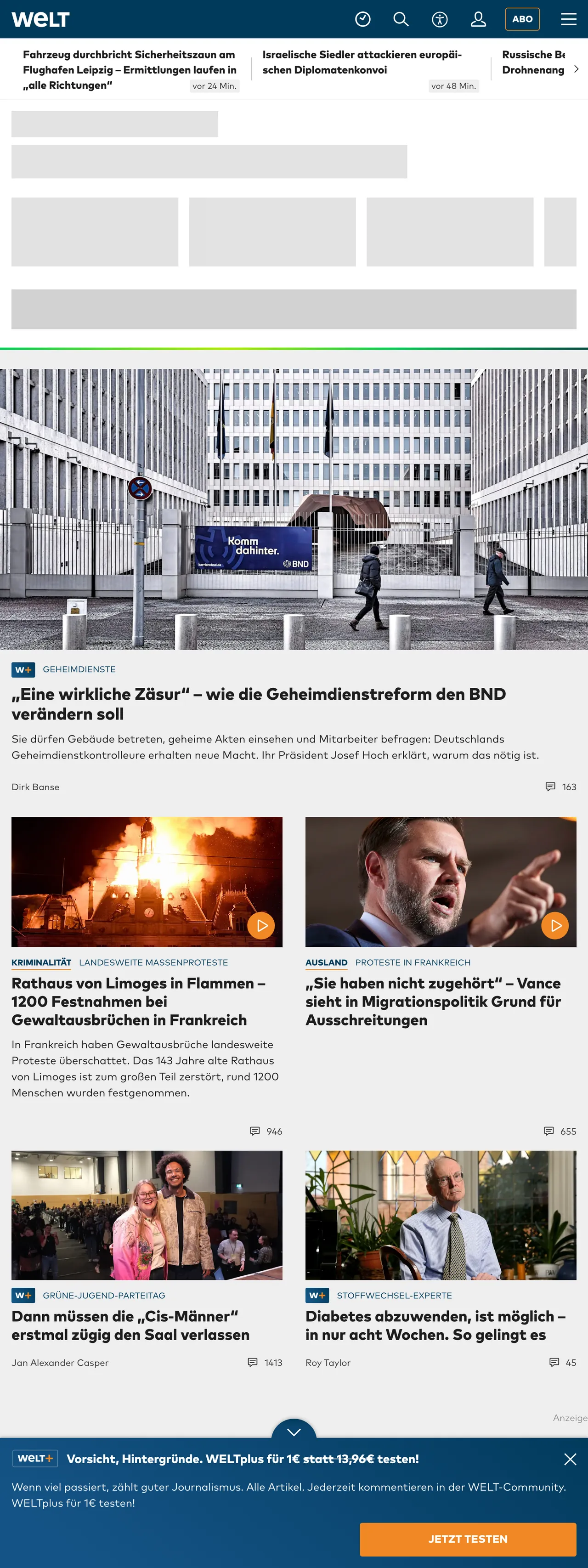 Screenshot of the WELT front page
