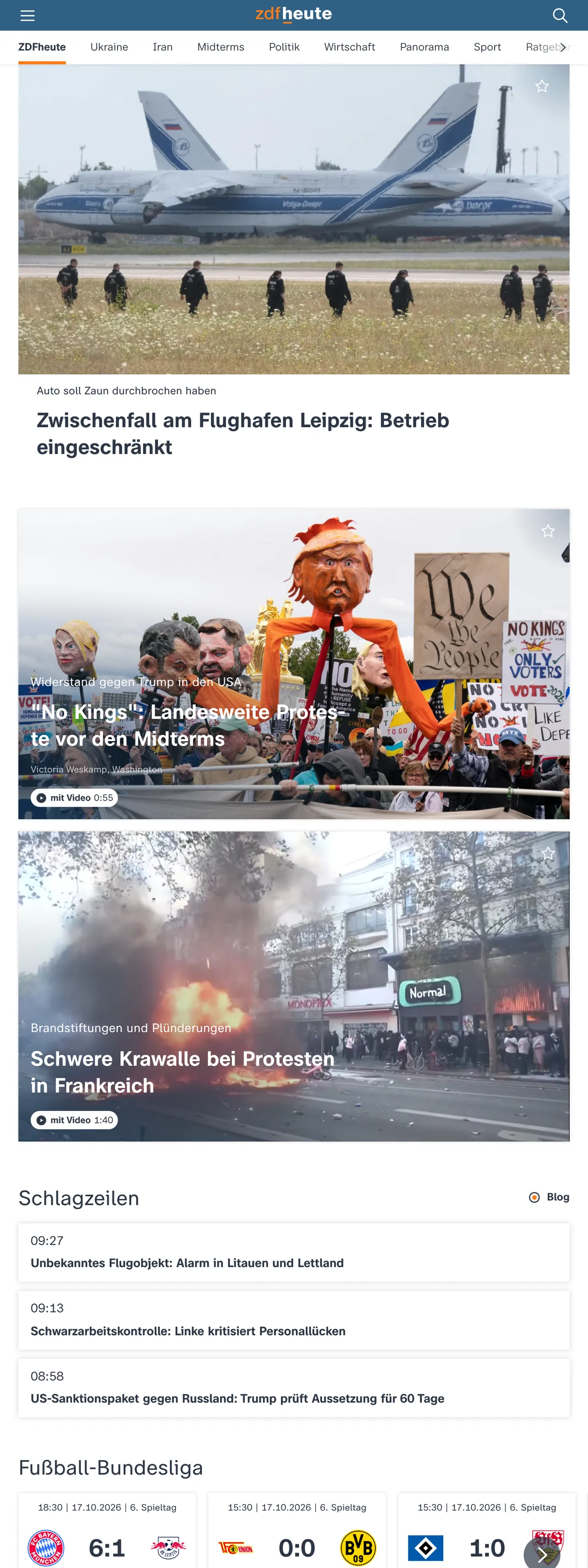 Screenshot of the ZDFheute front page