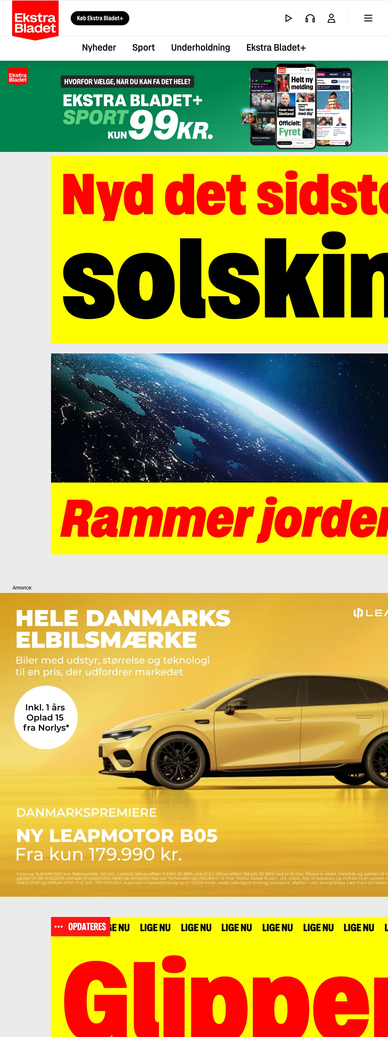 Screenshot of the Ekstra Bladet front page