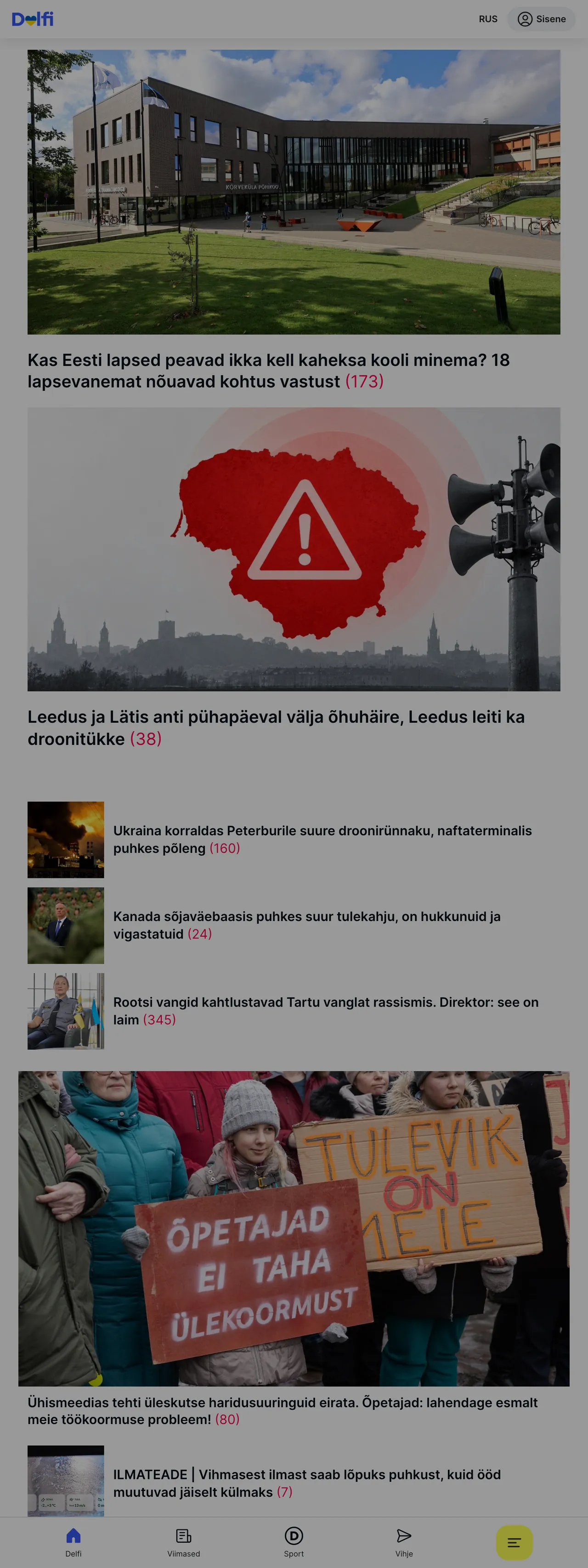 Screenshot of the Delfi front page