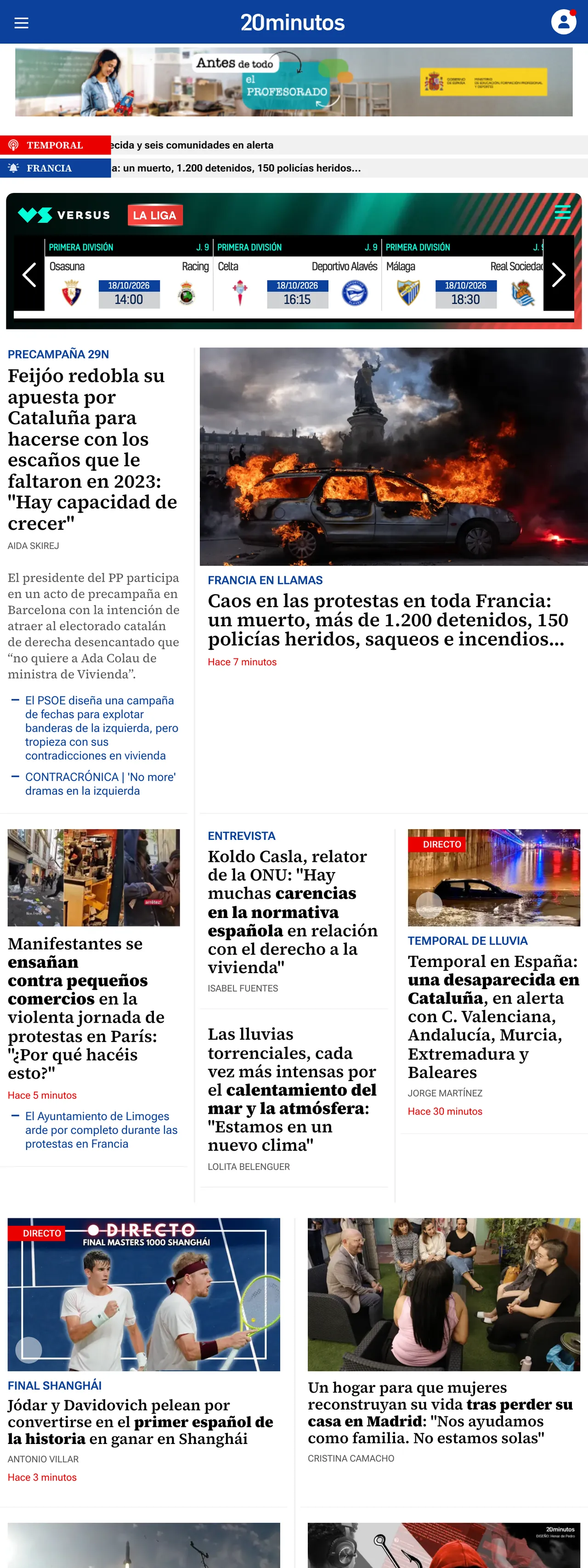 Screenshot of the 20minutos front page
