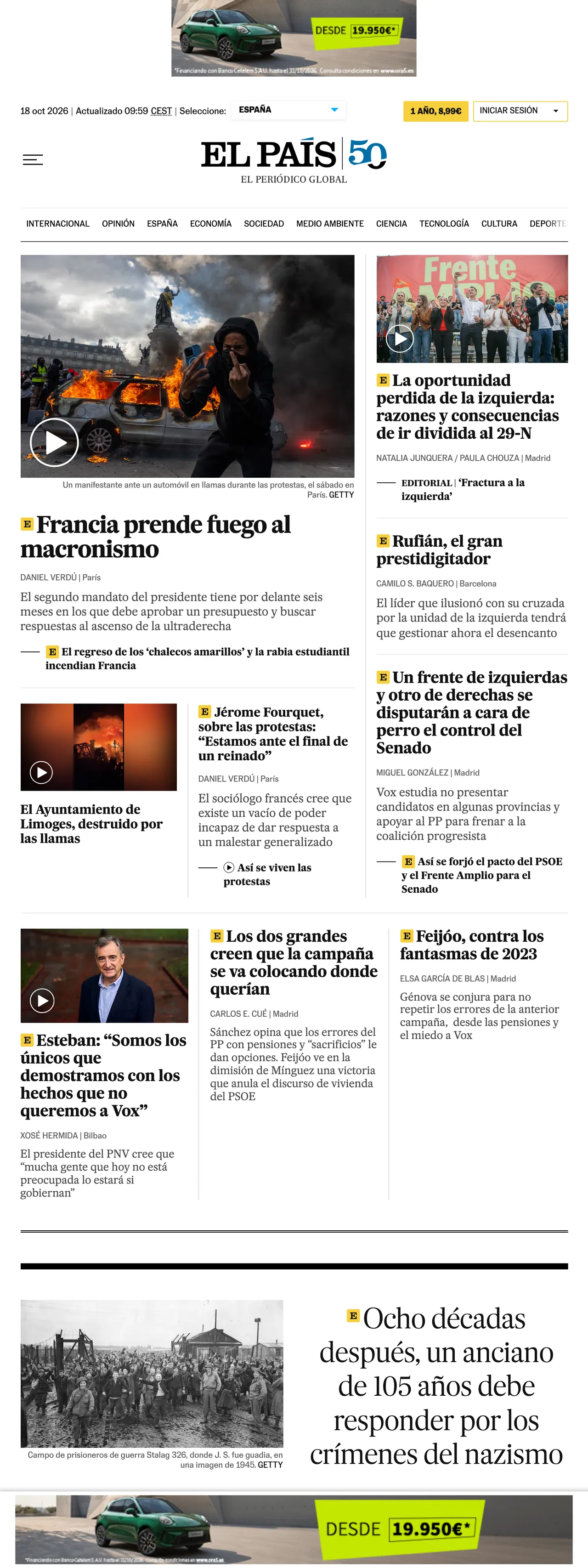 Screenshot of the EL PAÍS front page