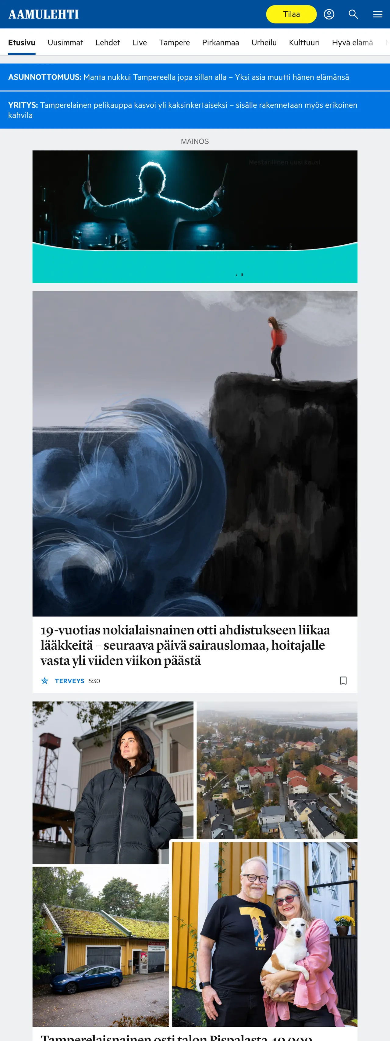 Screenshot of the Aamulehti front page