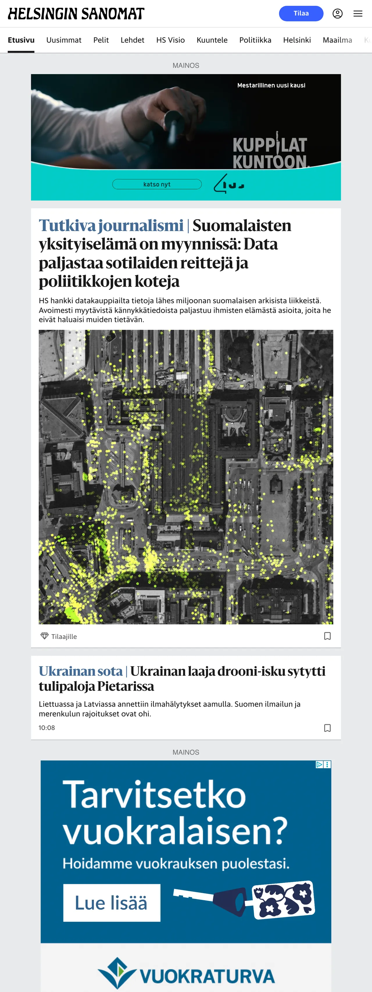 Screenshot of the Helsingin Sanomat front page