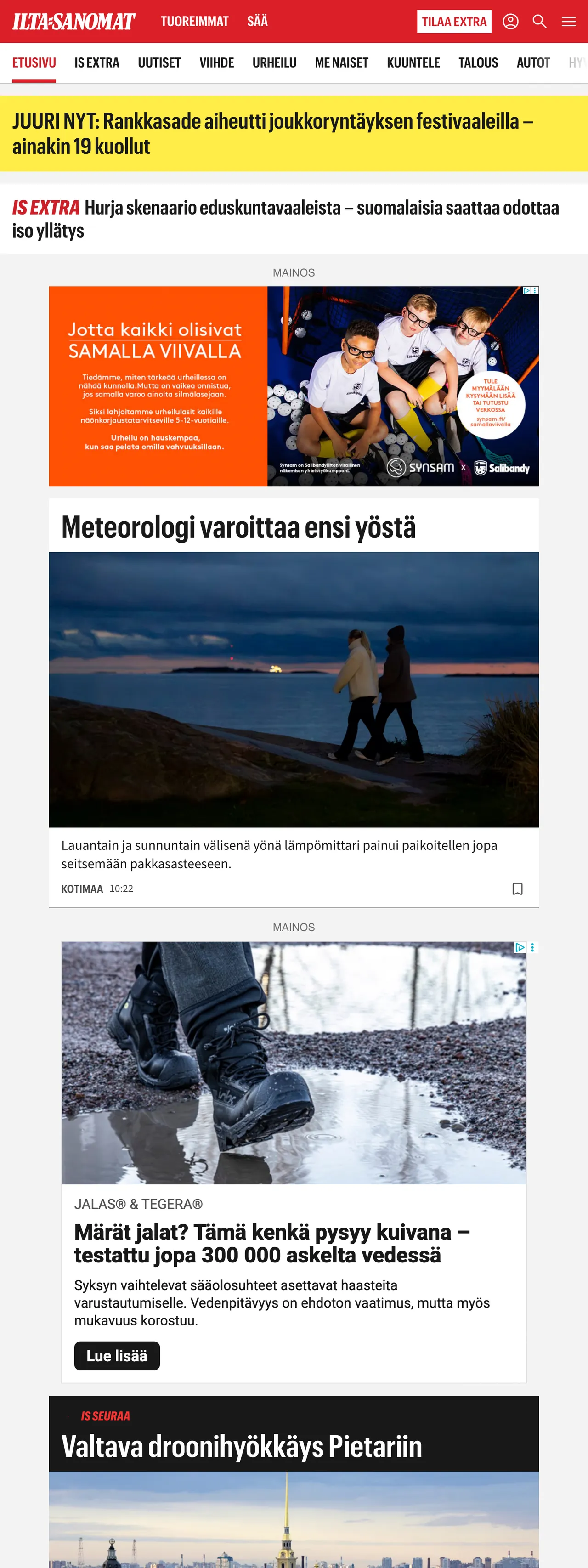 Screenshot of the Ilta-Sanomat front page