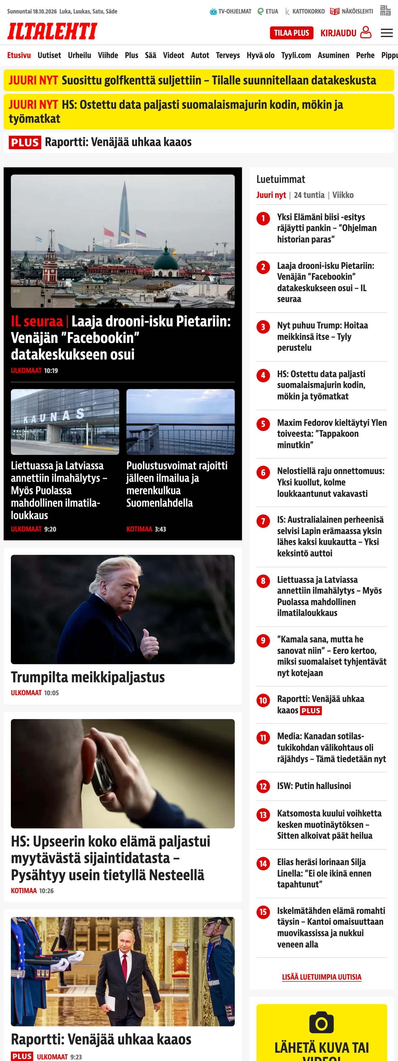 Screenshot of the Iltalehti front page