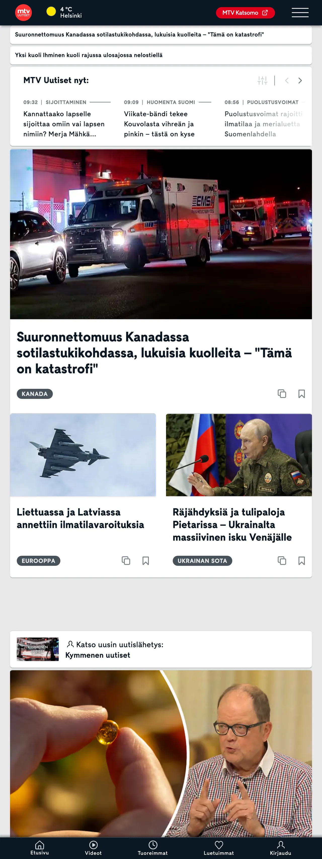 Screenshot of the MTV Uutiset front page