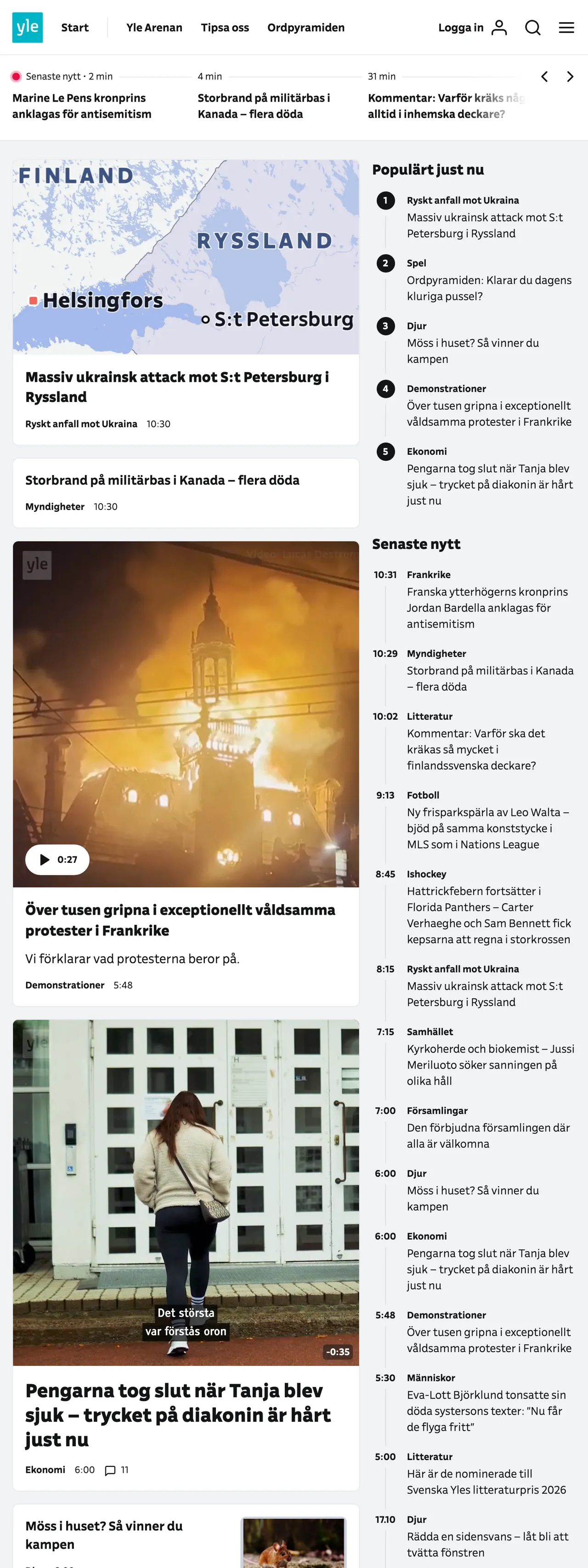 Screenshot of the Svenska Yle front page