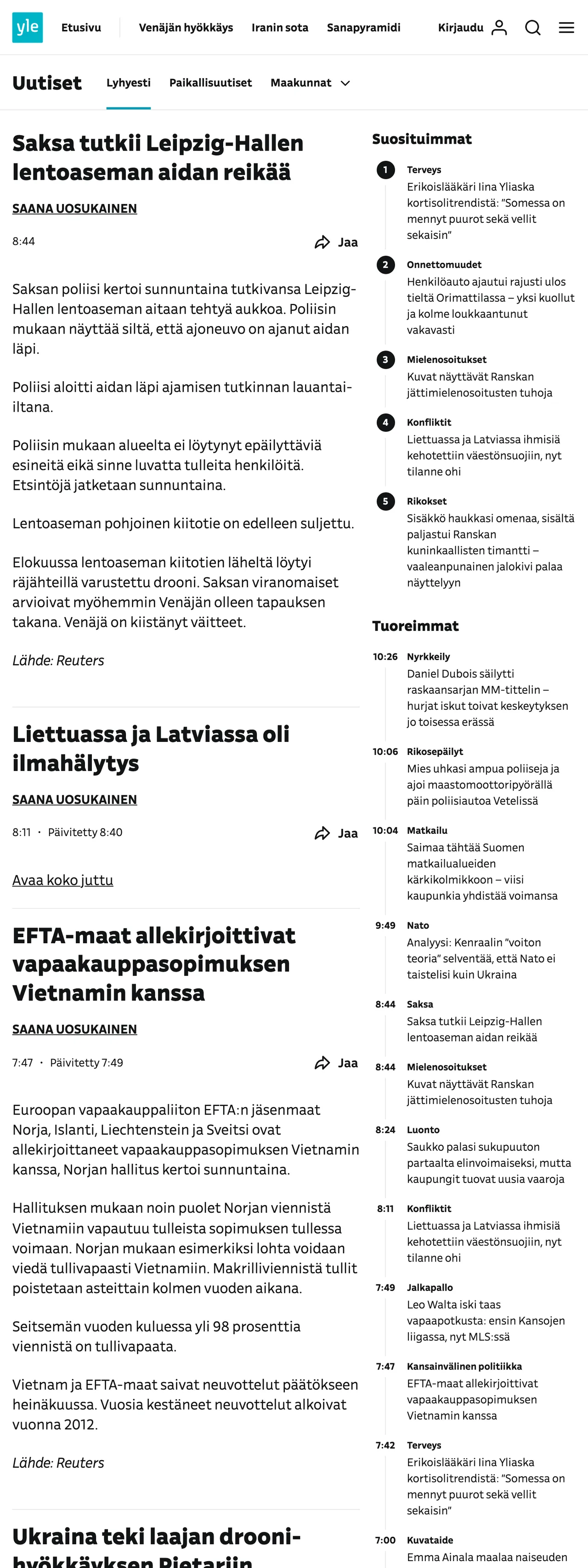 Screenshot of the Yle front page