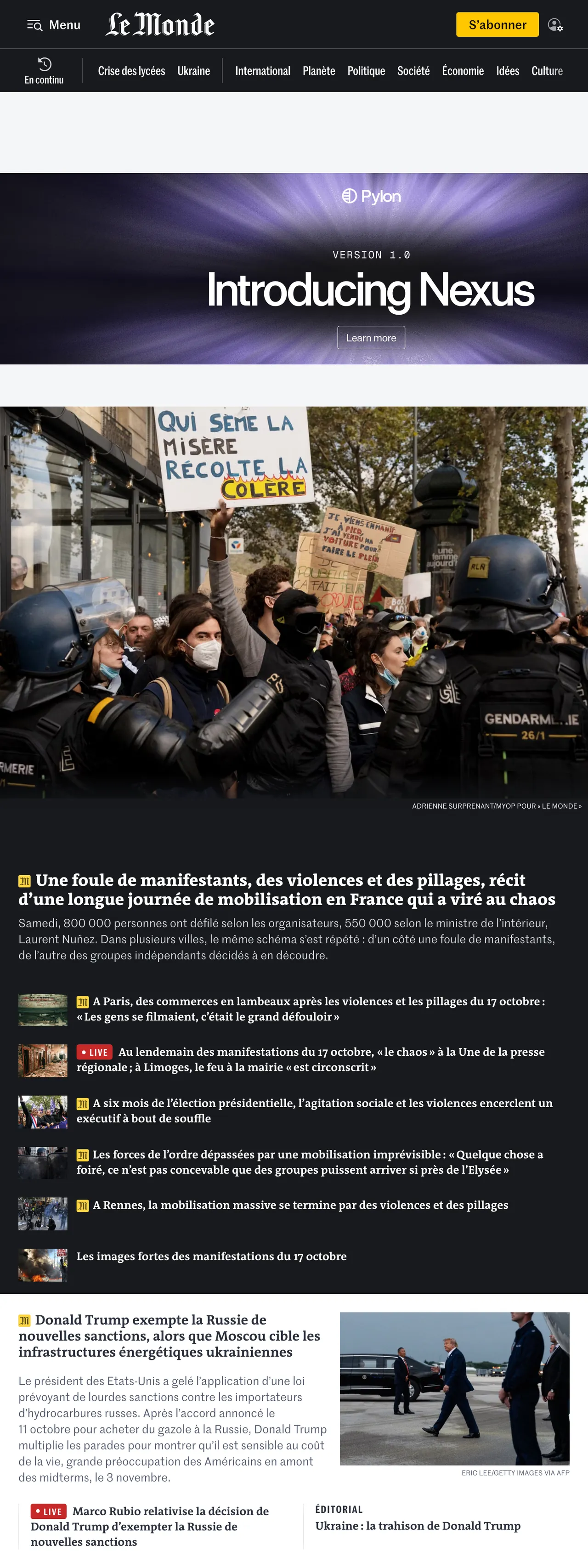 Screenshot of the Le Monde front page