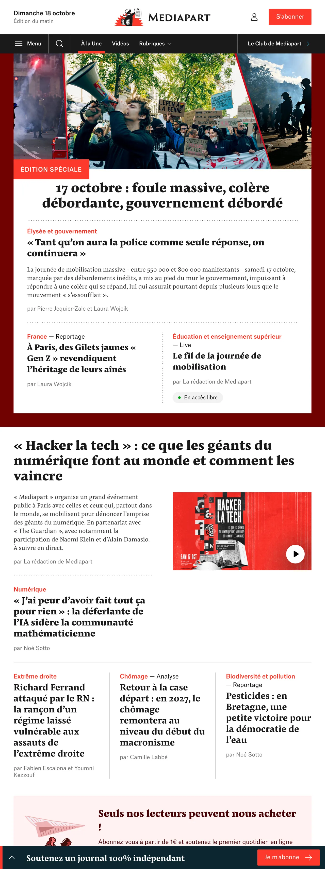 Screenshot of the Mediapart front page