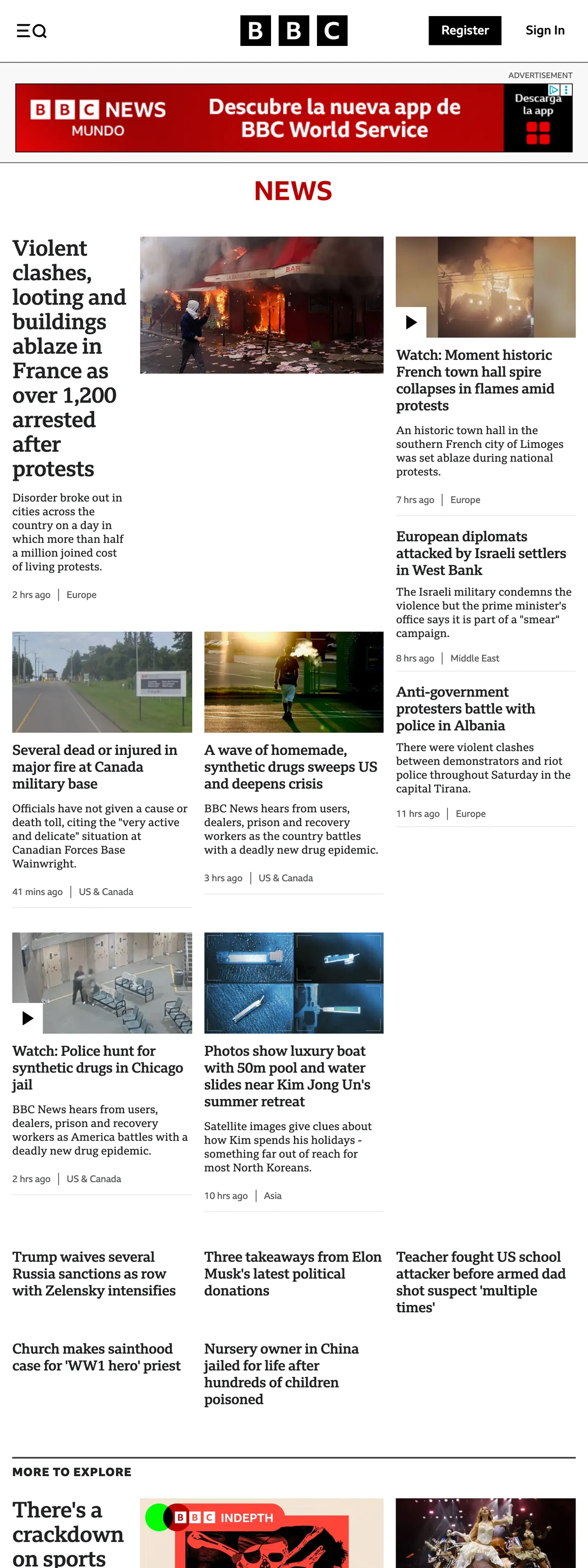 Screenshot of the BBC News front page