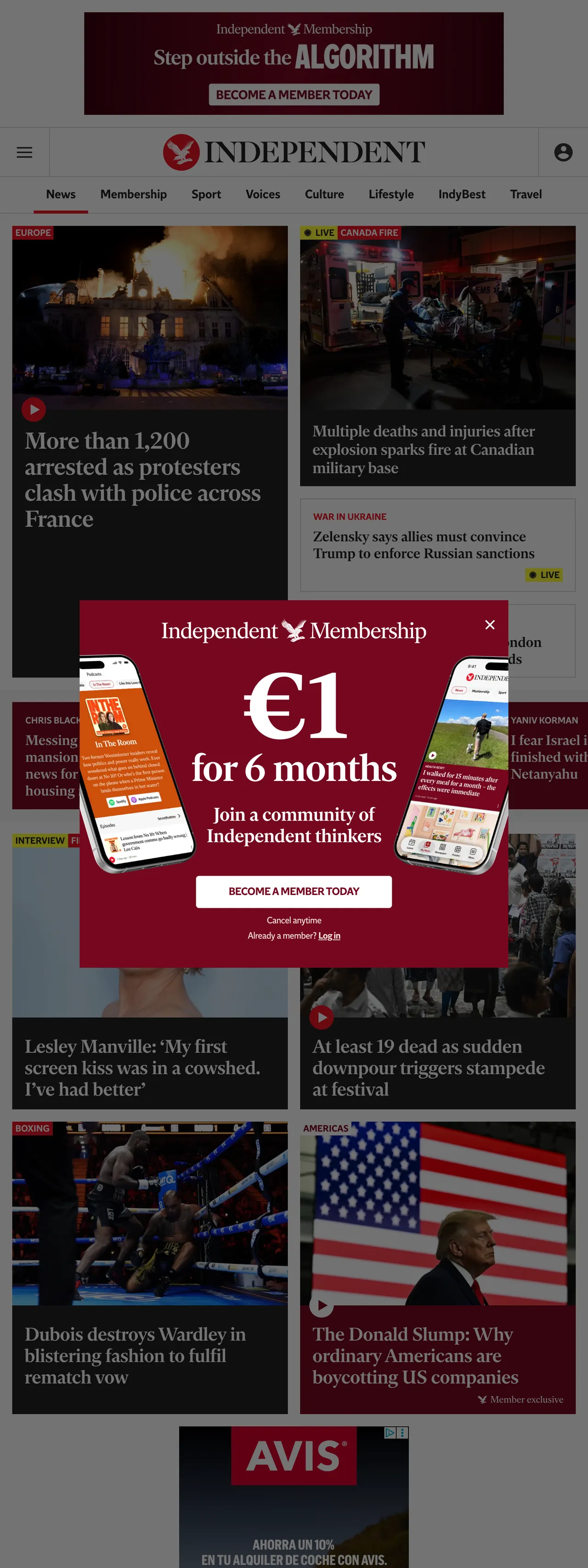 Screenshot of the The Independent front page