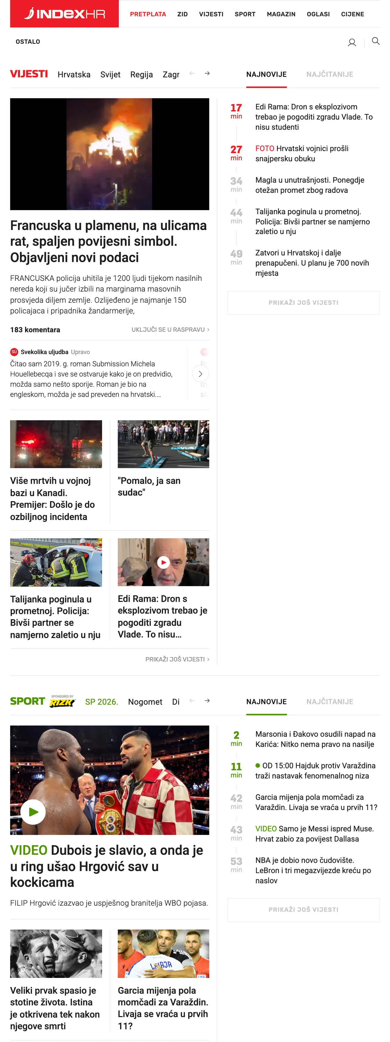 Screenshot of the Index.hr front page