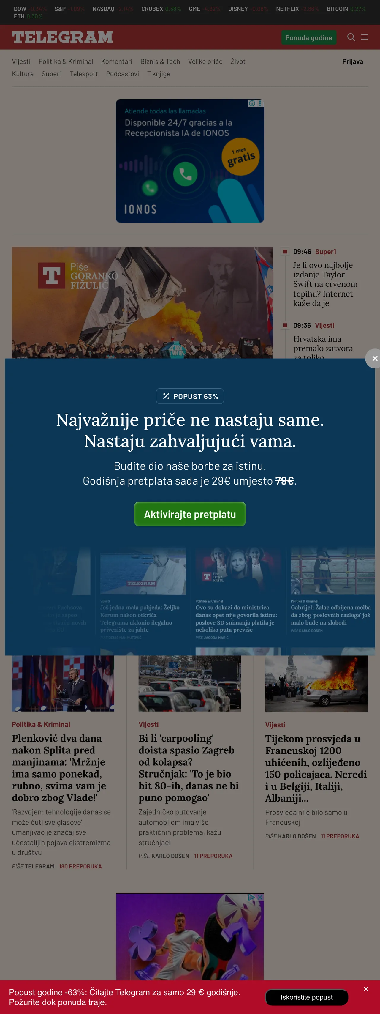 Screenshot of the Telegram.hr front page
