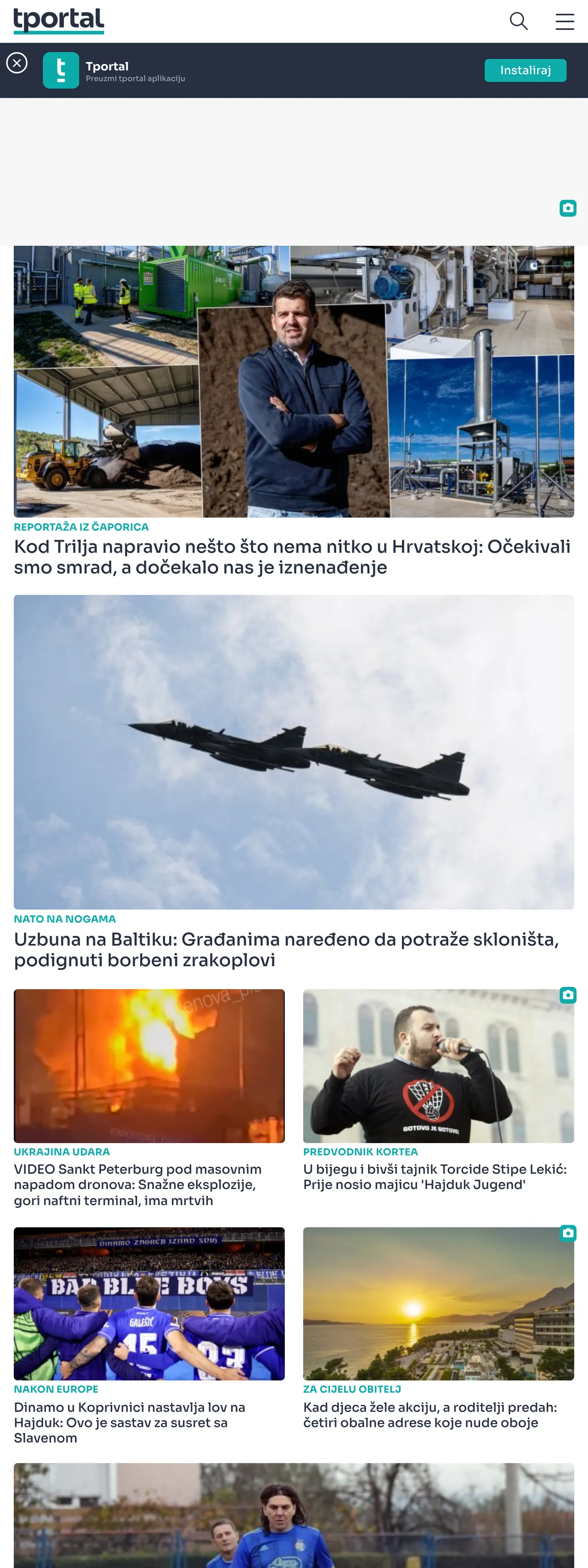 Screenshot of the tportal front page