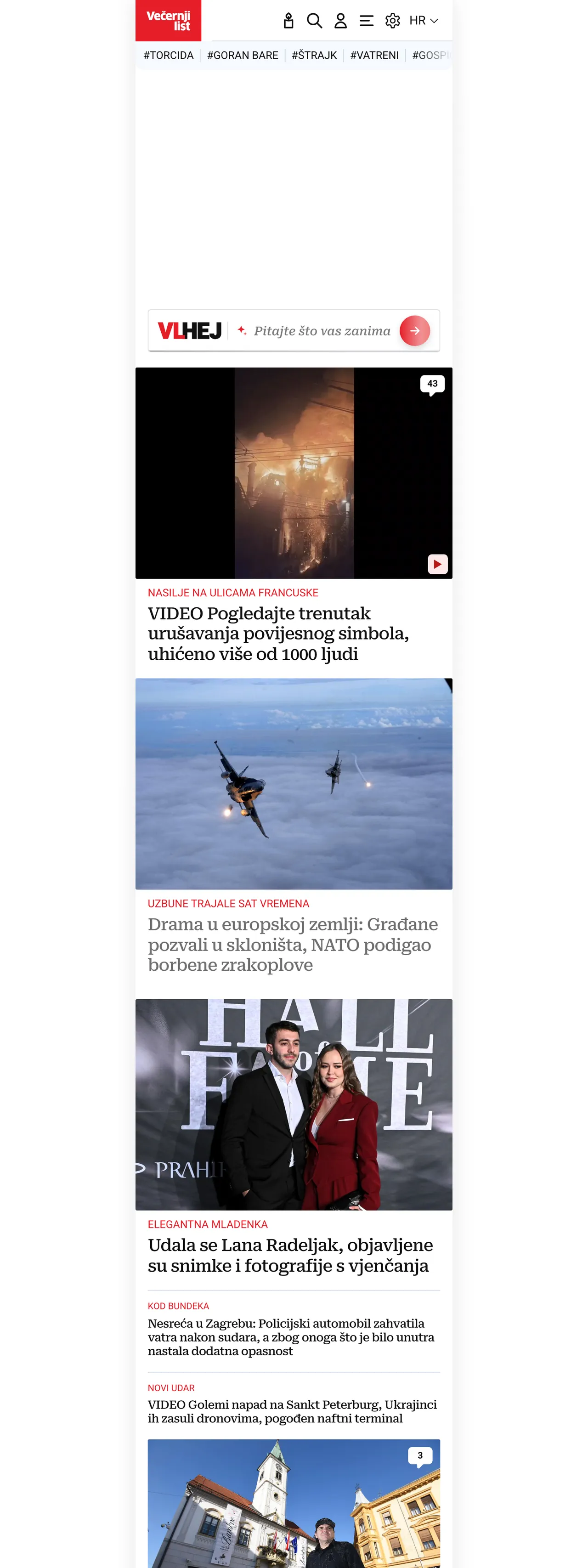 Screenshot of the Večernji list front page