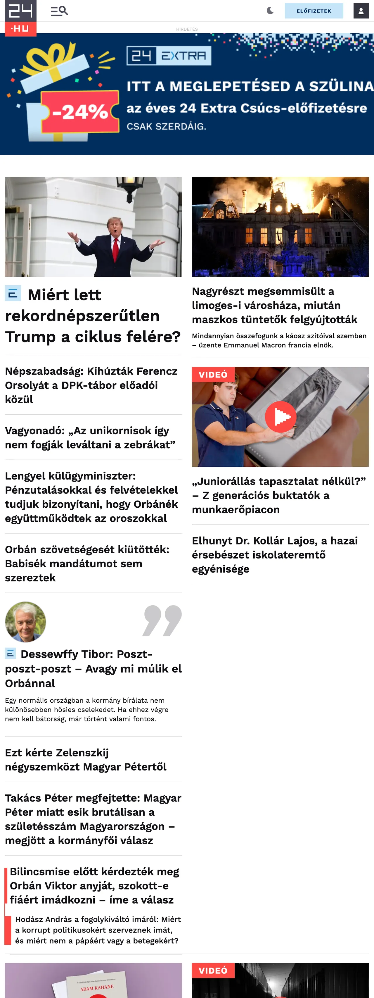 Screenshot of the 24.hu front page