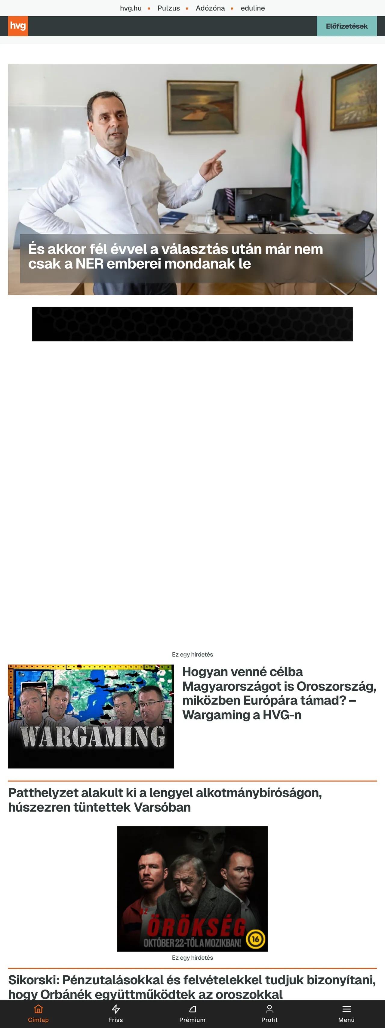 Screenshot of the HVG front page
