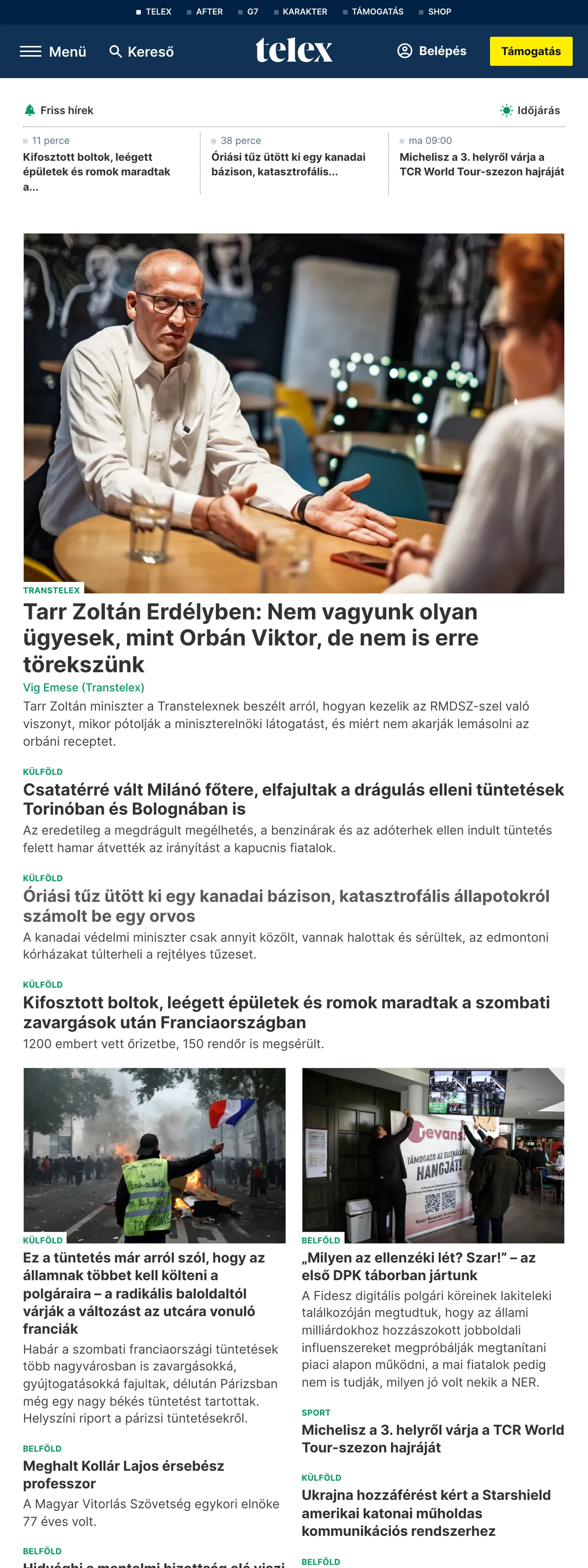Screenshot of the Telex front page
