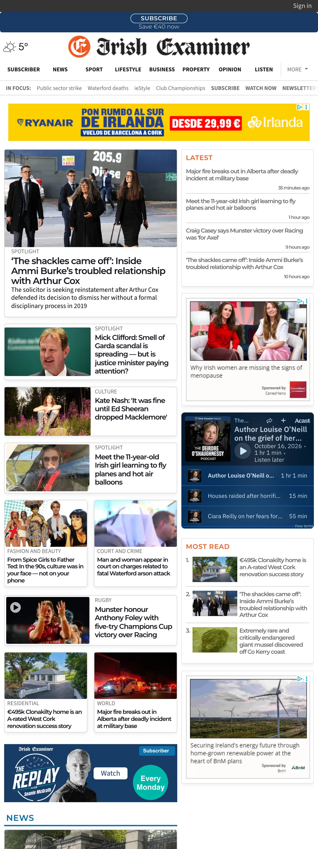 Screenshot of the Irish Examiner front page