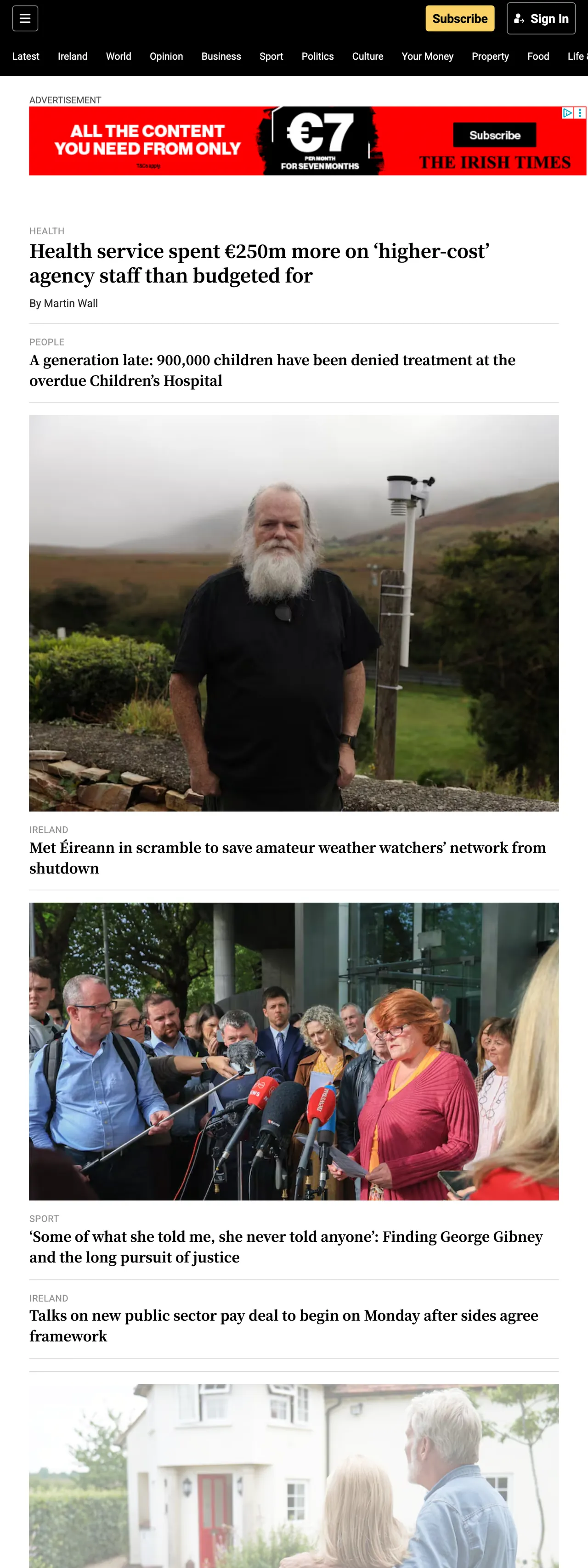 Screenshot of the The Irish Times front page