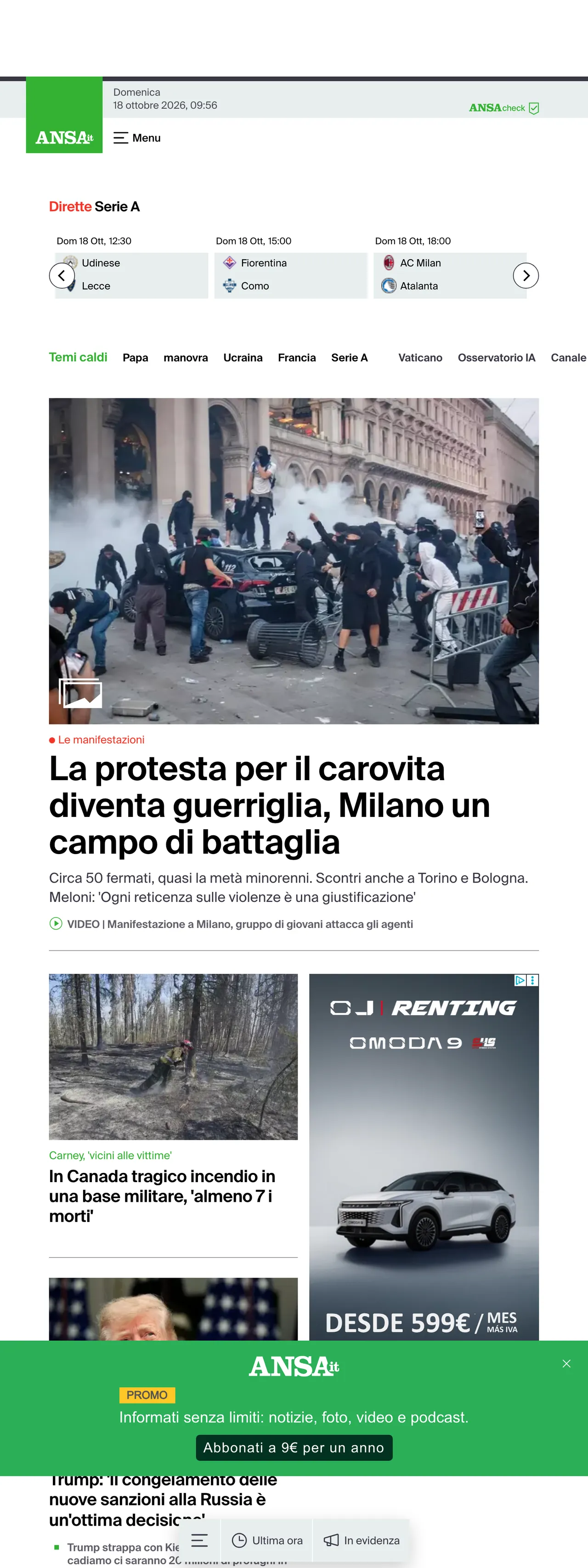 Screenshot of the ANSA front page
