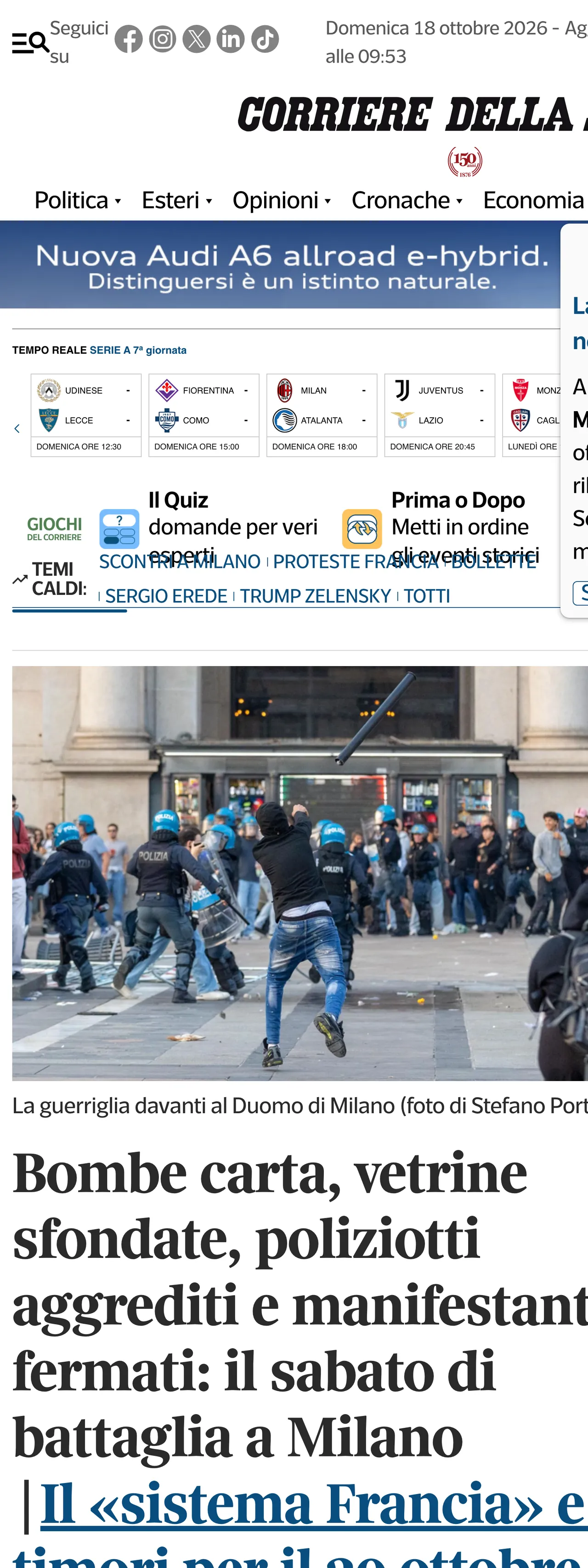 Screenshot of the Corriere della Sera front page
