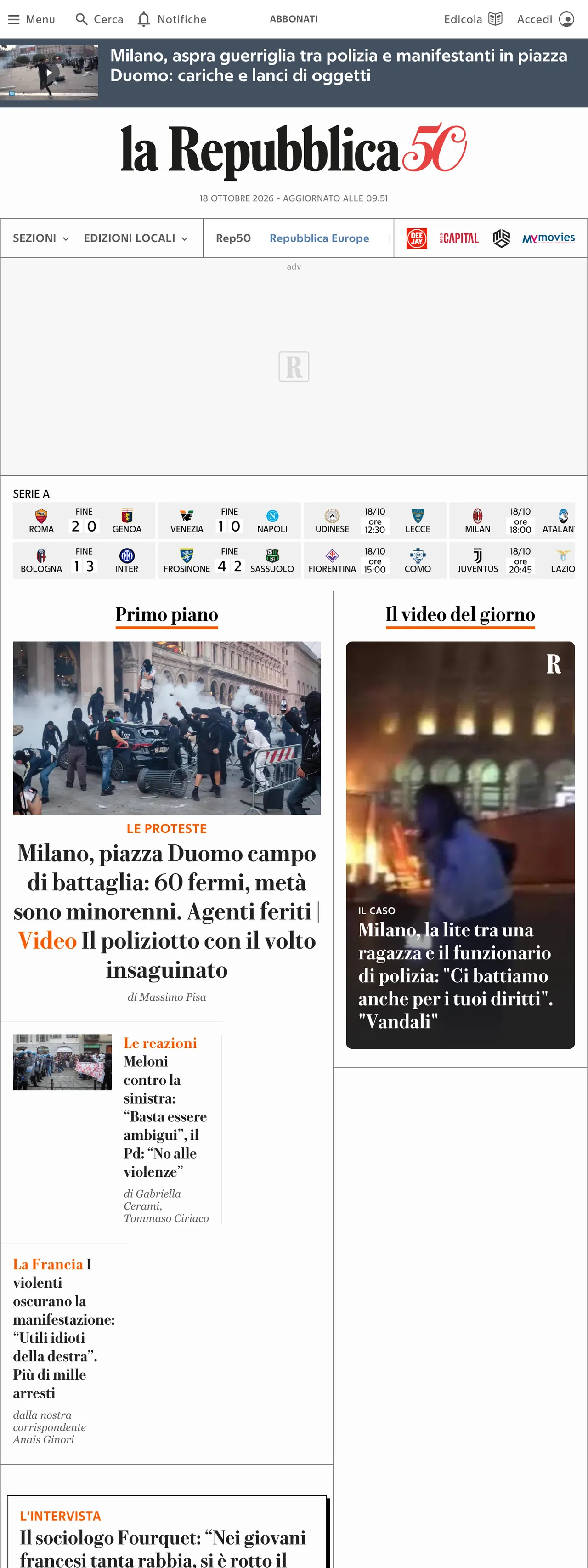 Screenshot of the la Repubblica front page