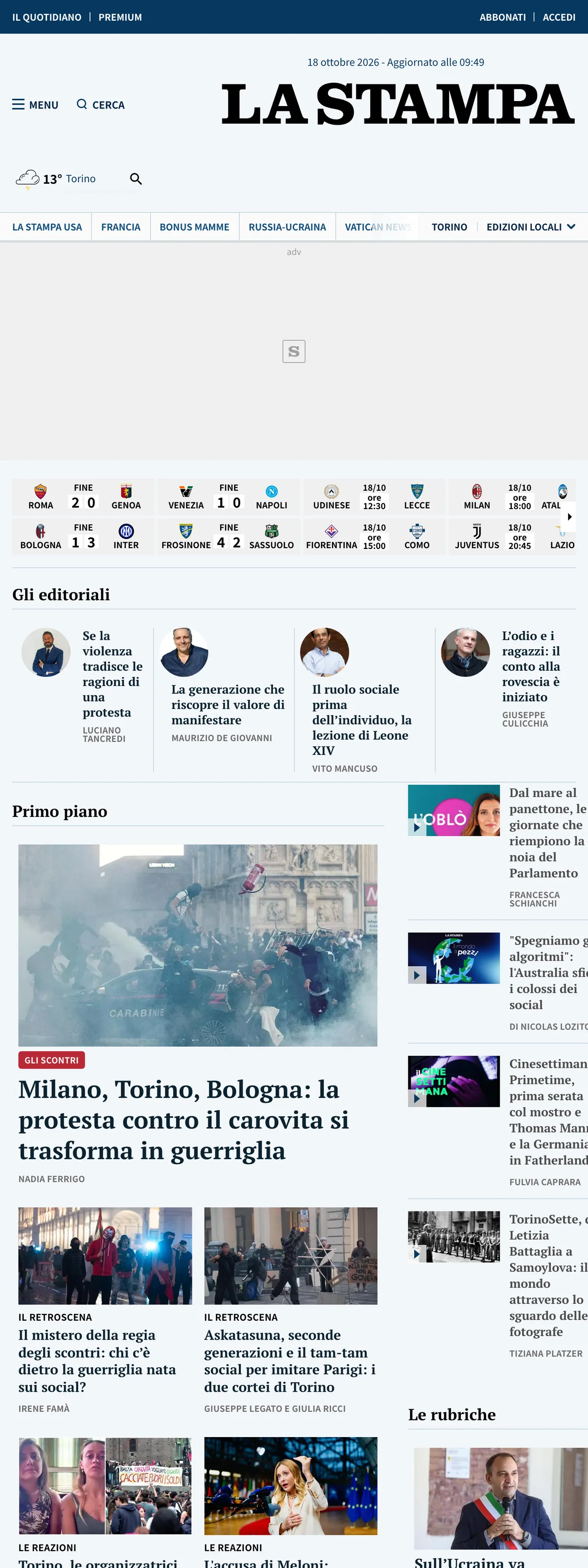 Screenshot of the La Stampa front page