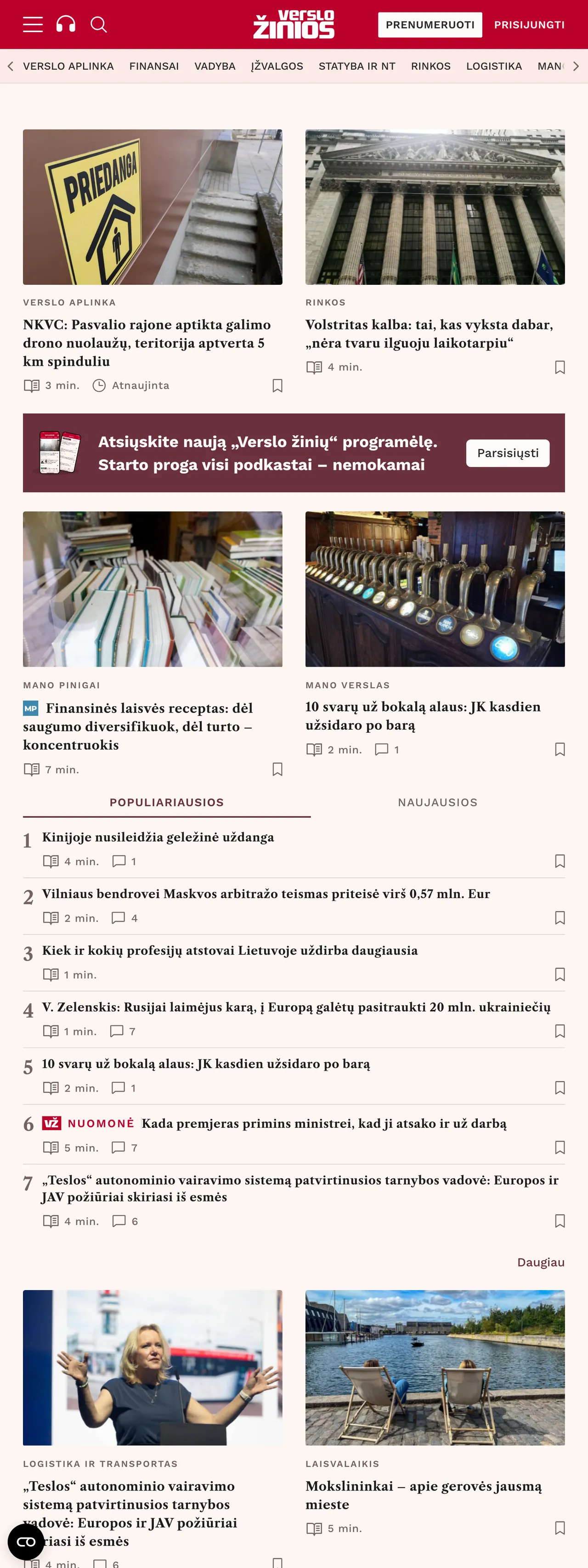 Screenshot of the Verslo žinios front page