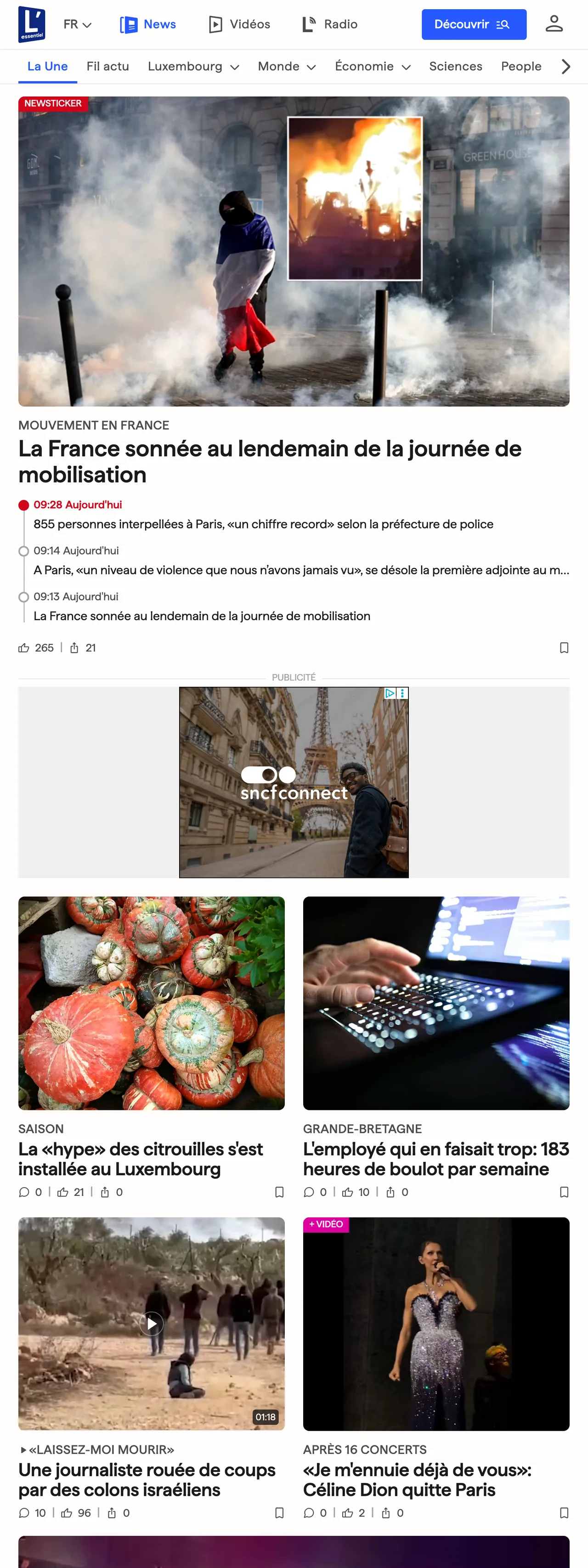 Screenshot of the L'essentiel front page